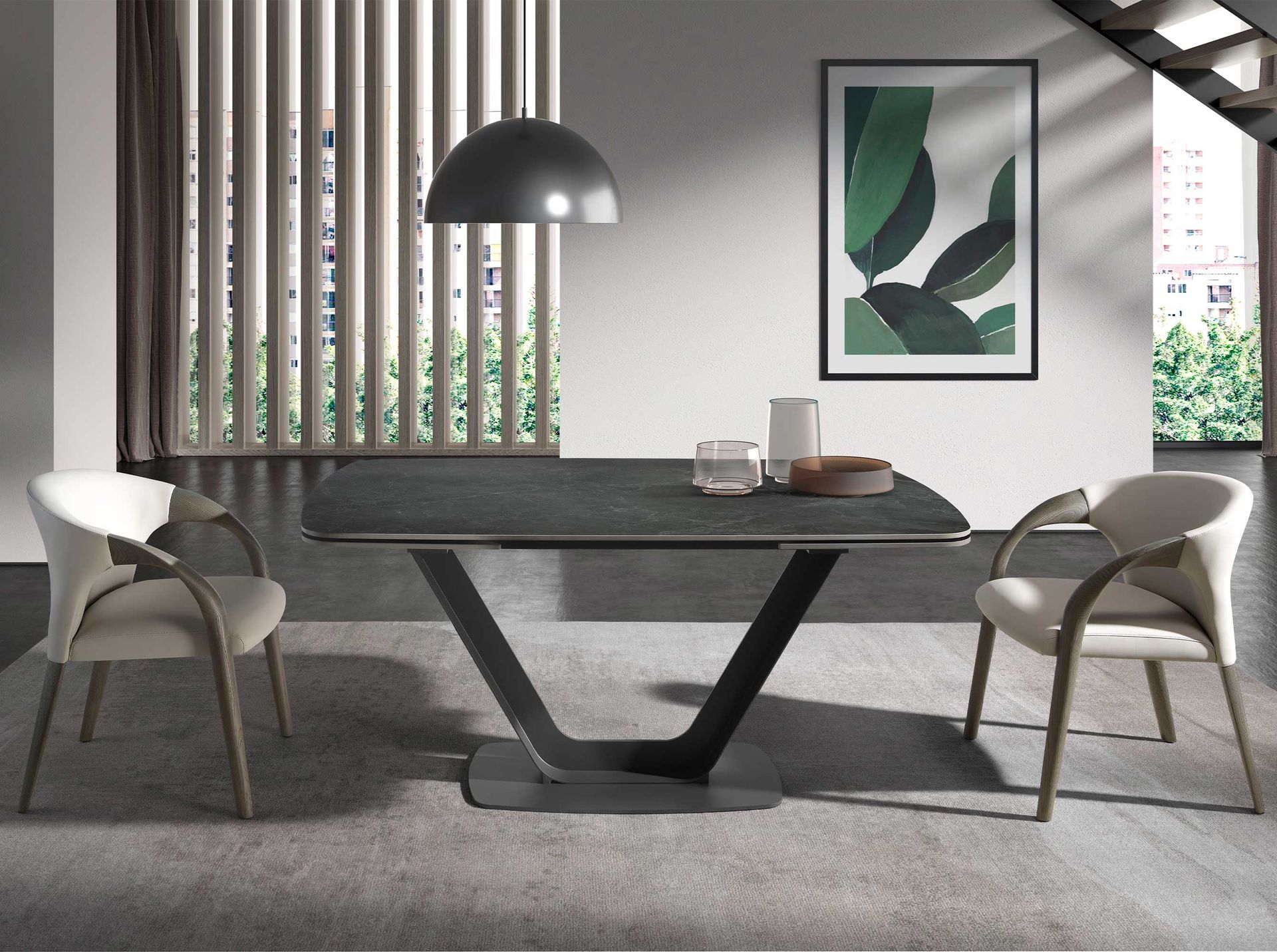 Oval Barrel porcelain marble and black steel extending dining table