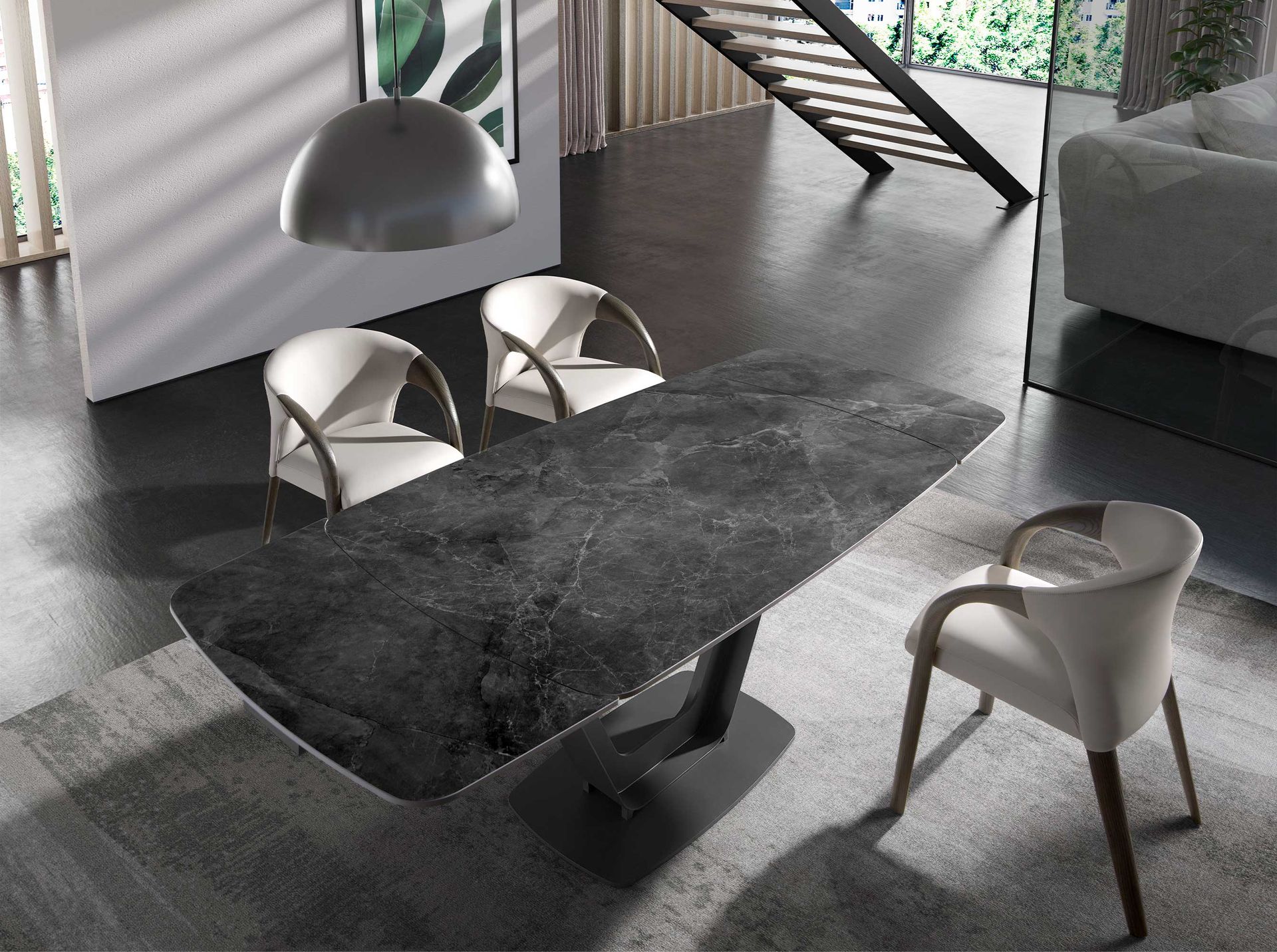Oval Barrel porcelain marble and black steel extending dining table