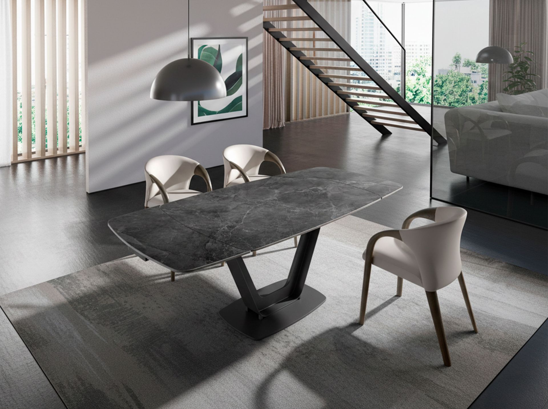 Oval Barrel porcelain marble and black steel extending dining table