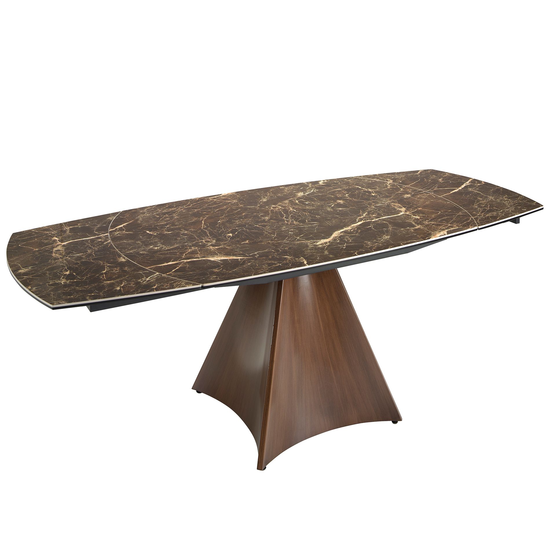 Oval Barrel porcelain marble and walnut effect steel extending dining table