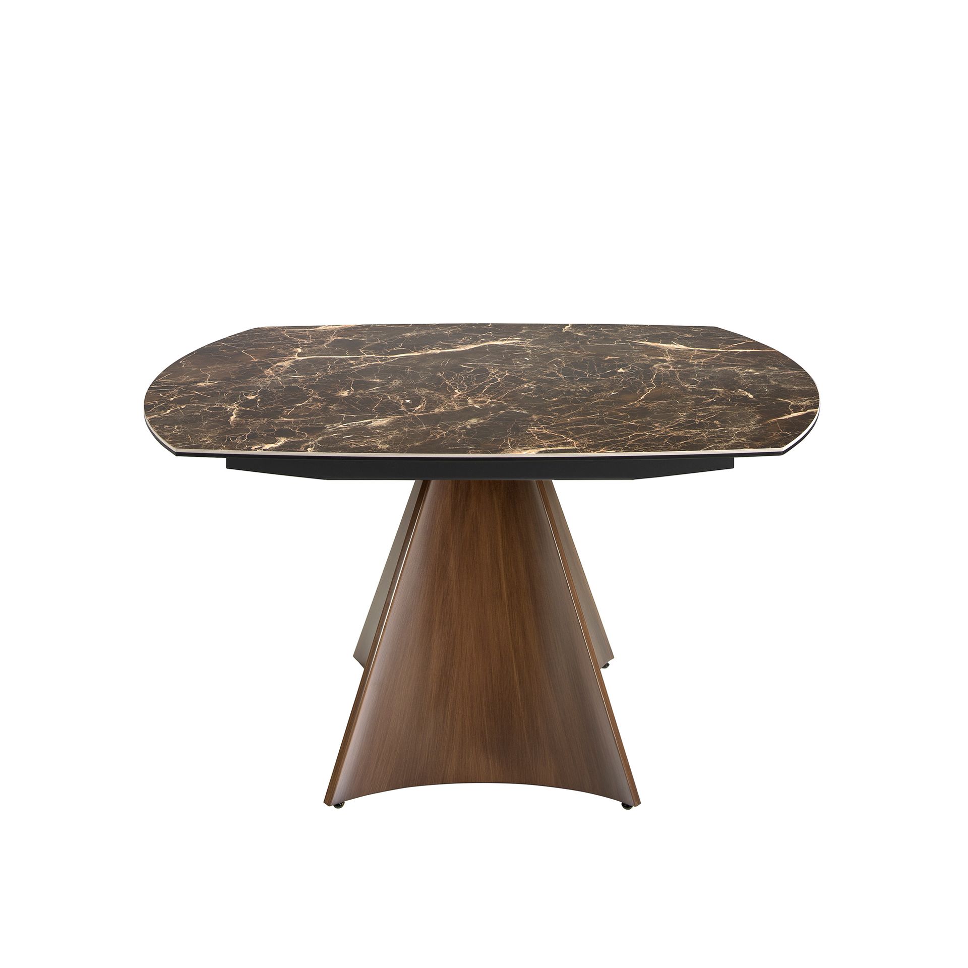 Oval Barrel porcelain marble and walnut effect steel extending dining table