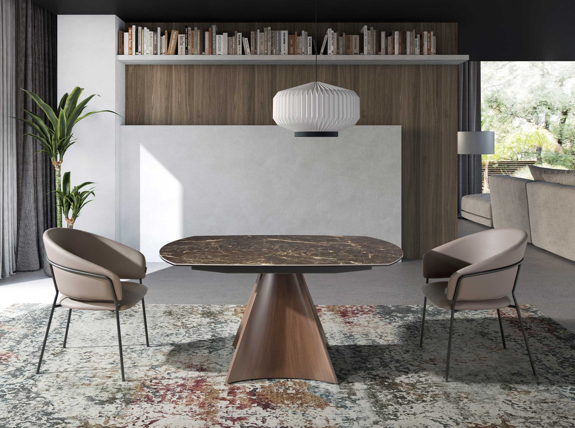 Oval Barrel porcelain marble and walnut effect steel extending dining table