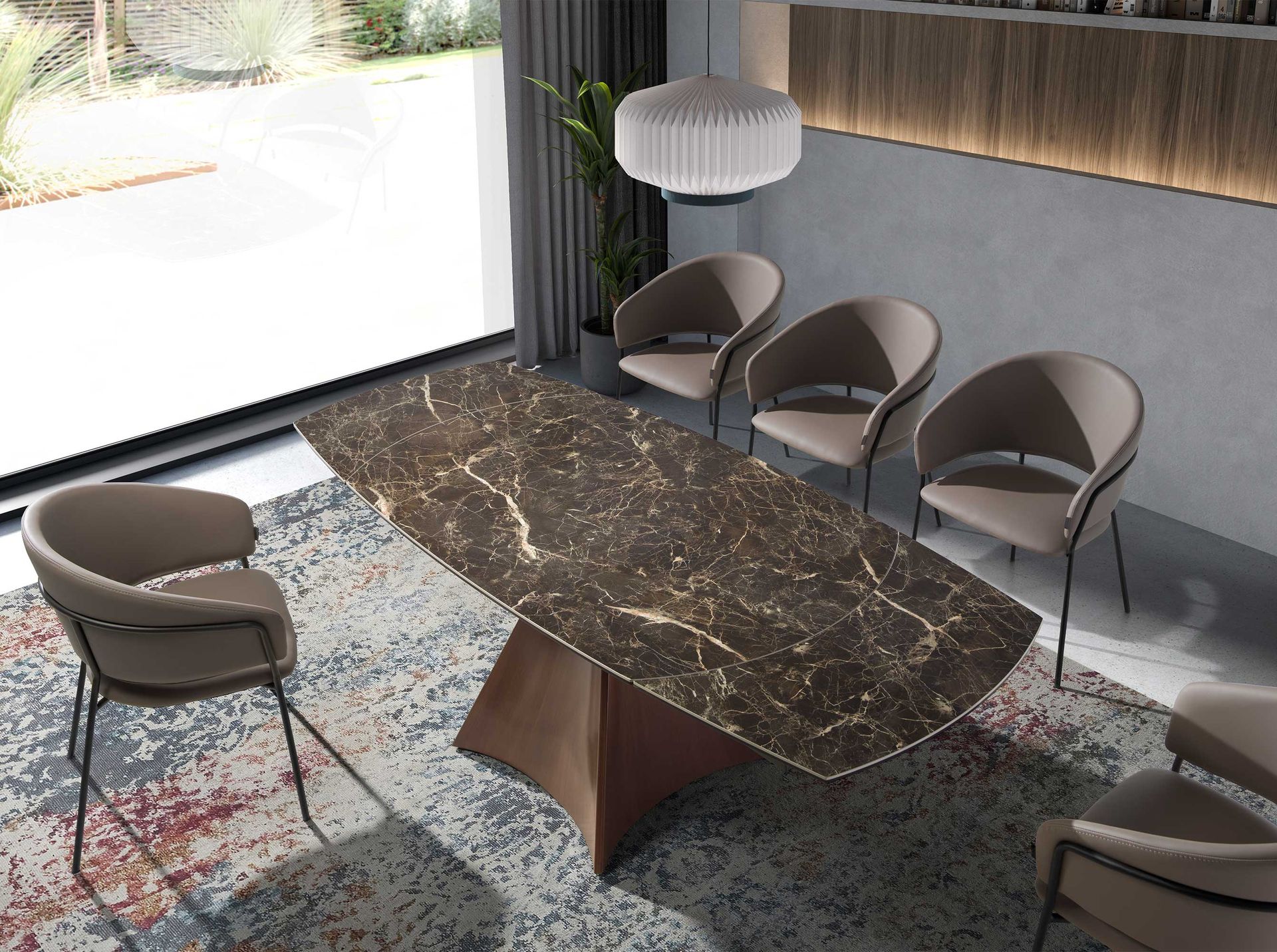 Oval Barrel porcelain marble and walnut effect steel extending dining table