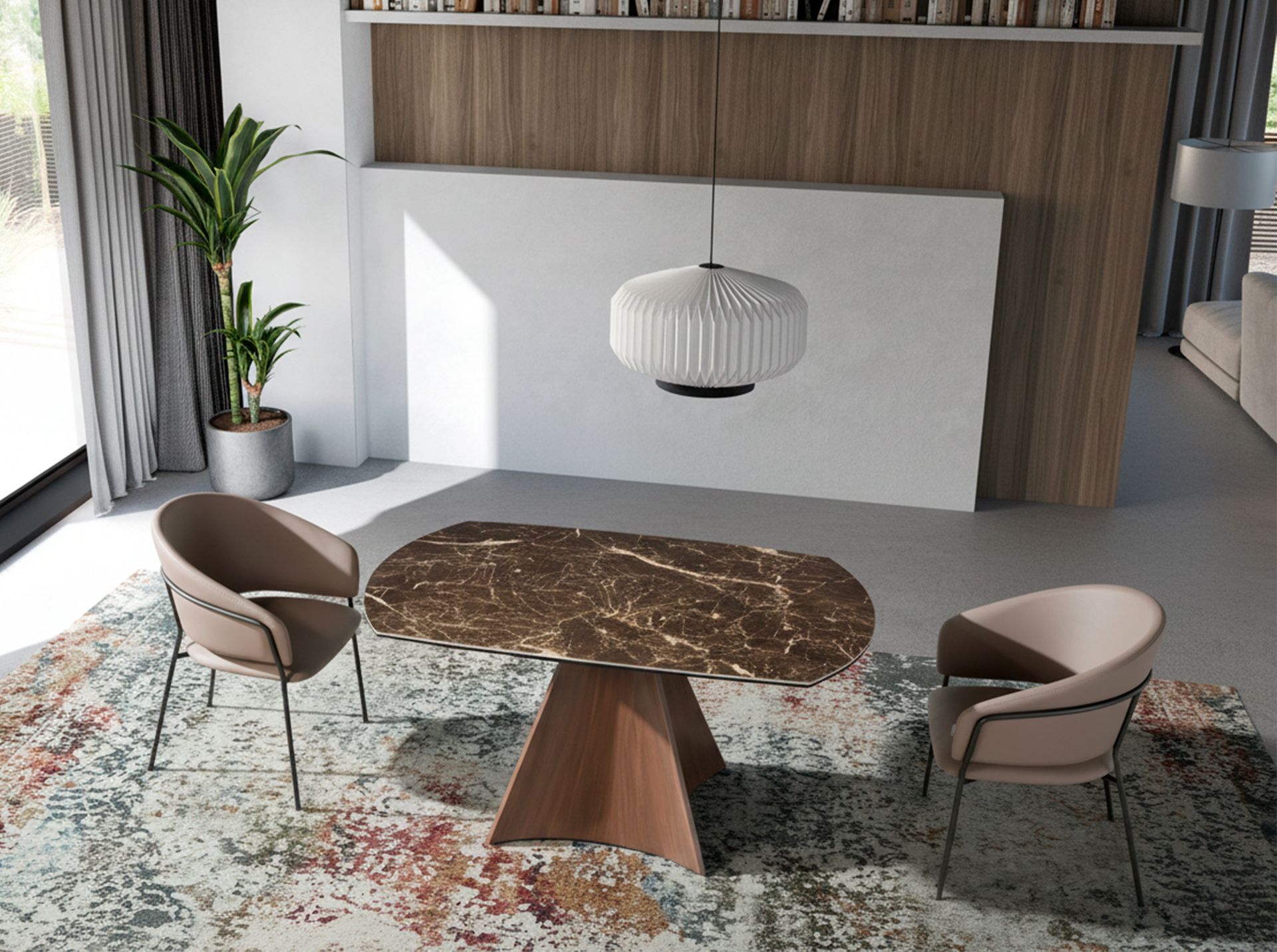Oval Barrel porcelain marble and walnut effect steel extending dining table