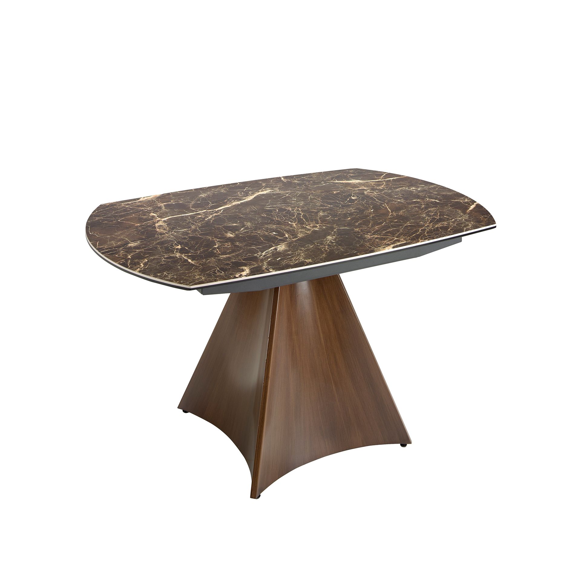 Oval Barrel porcelain marble and walnut effect steel extending dining table