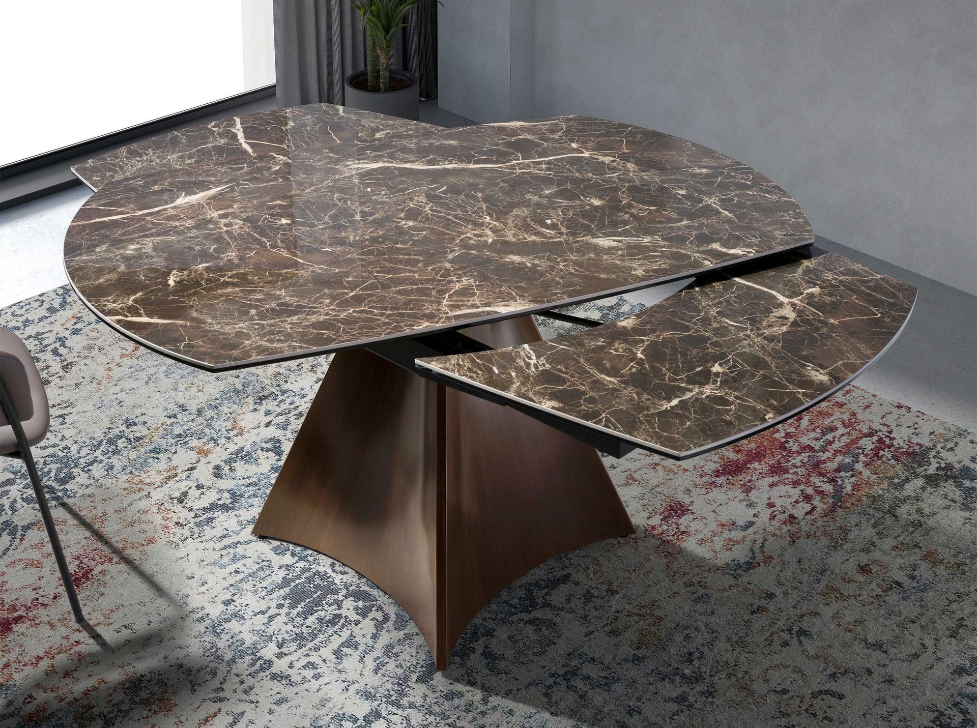 Oval Barrel porcelain marble and walnut effect steel extending dining table