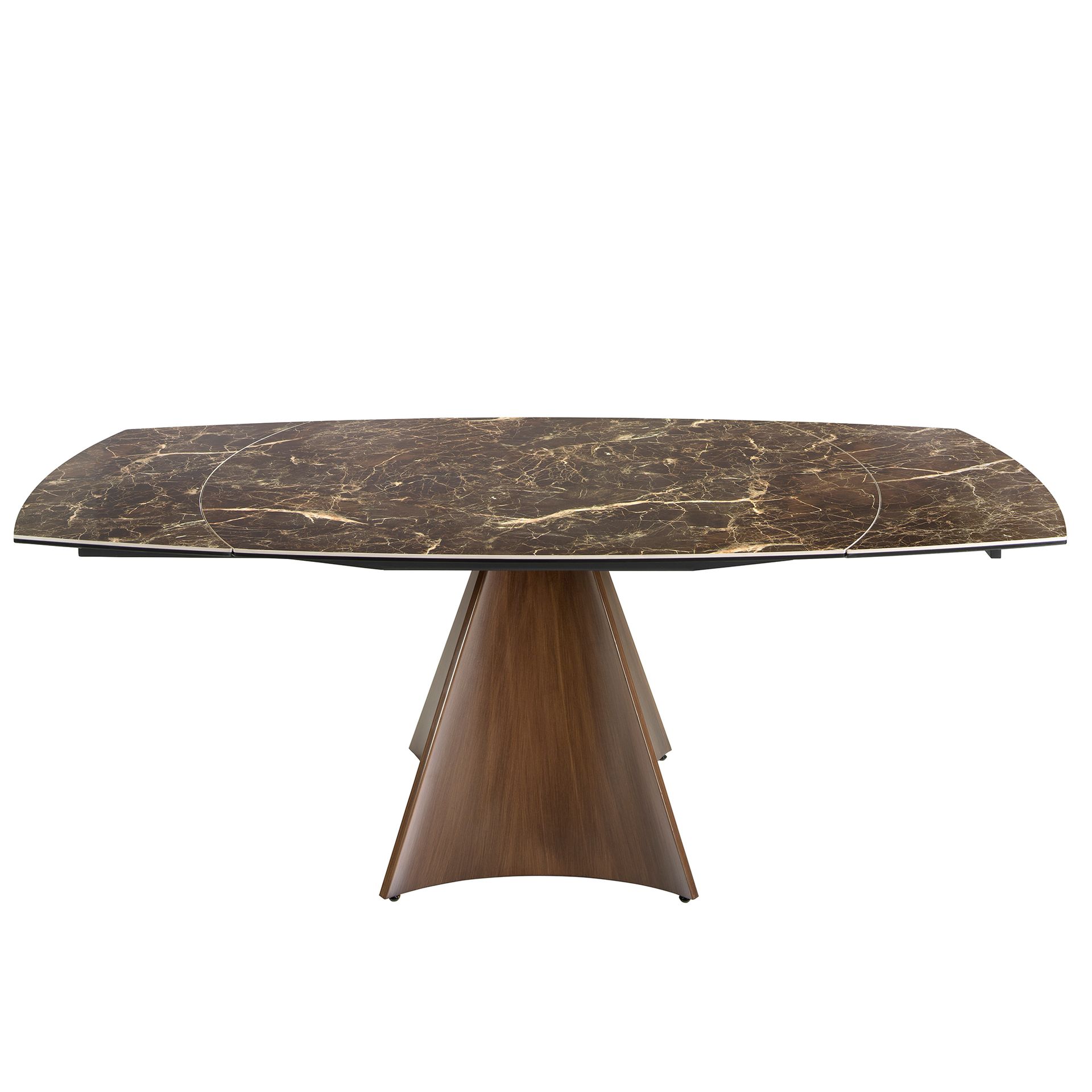 Oval Barrel porcelain marble and walnut effect steel extending dining table