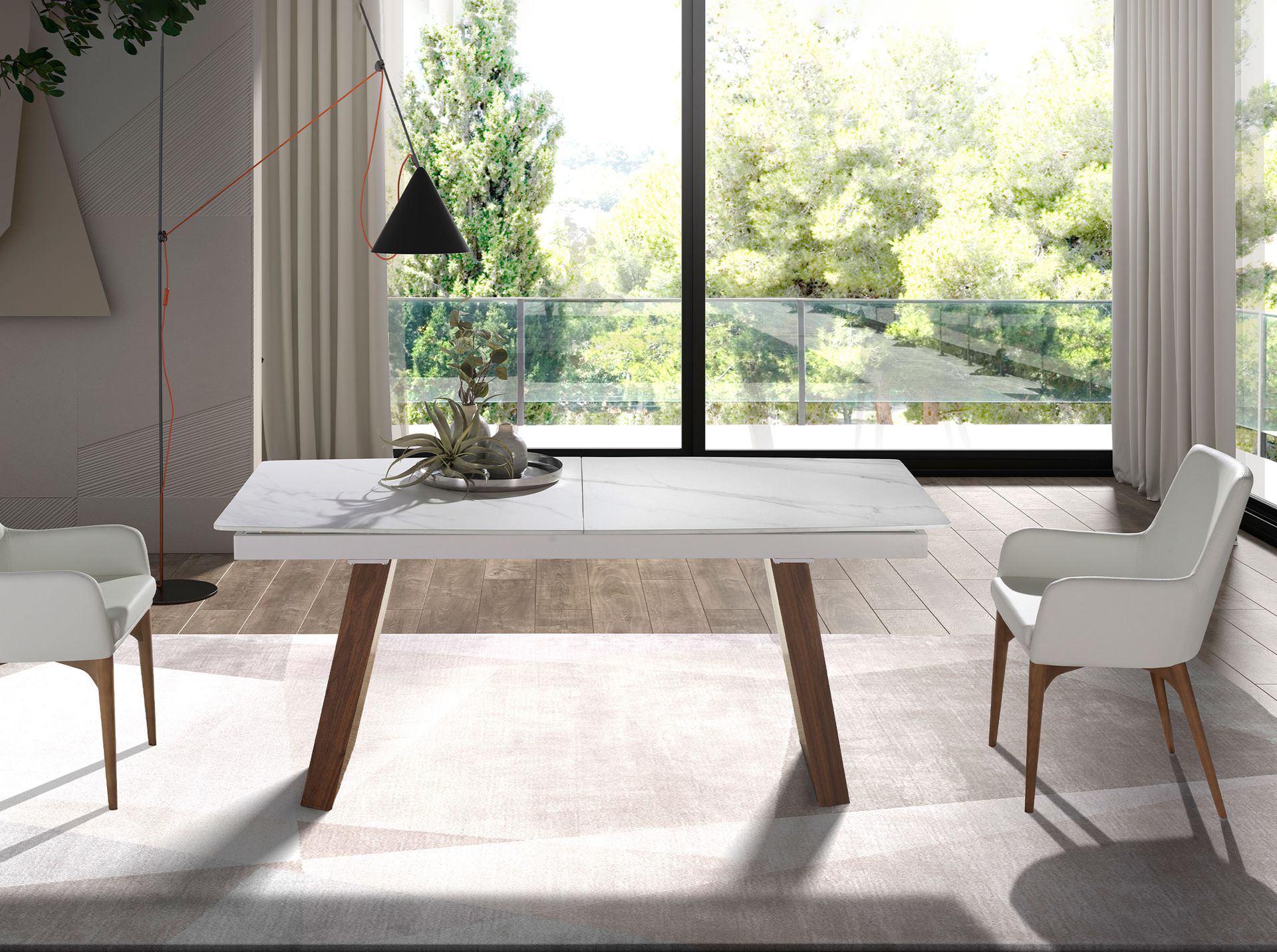 Oval Barrel porcelain marble and walnut extending dining table