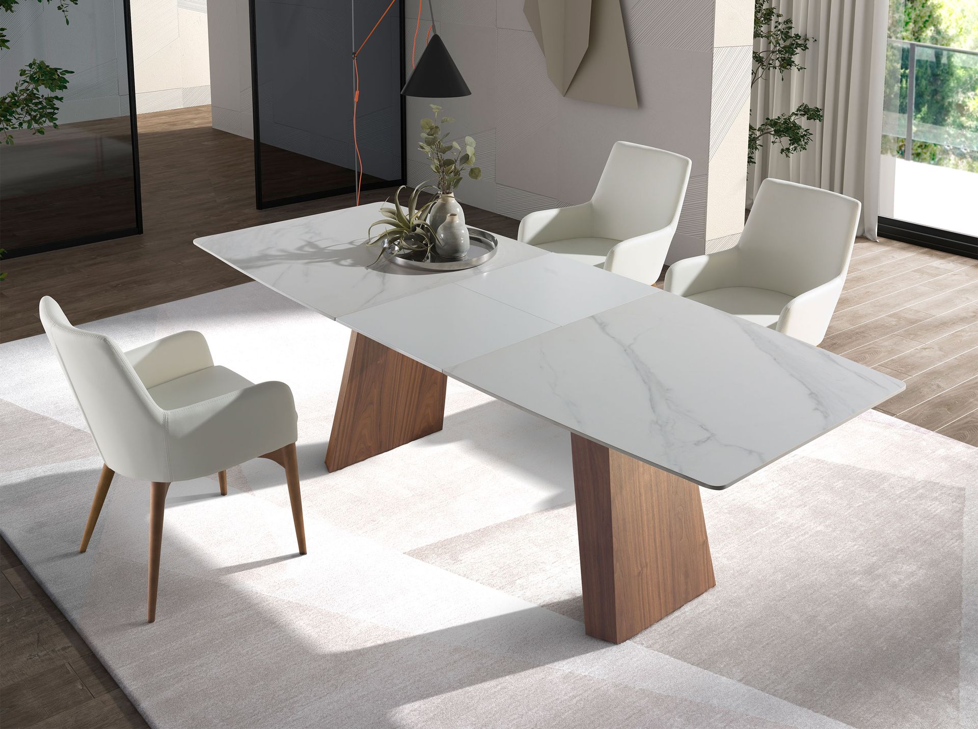 Oval Barrel porcelain marble and walnut extending dining table