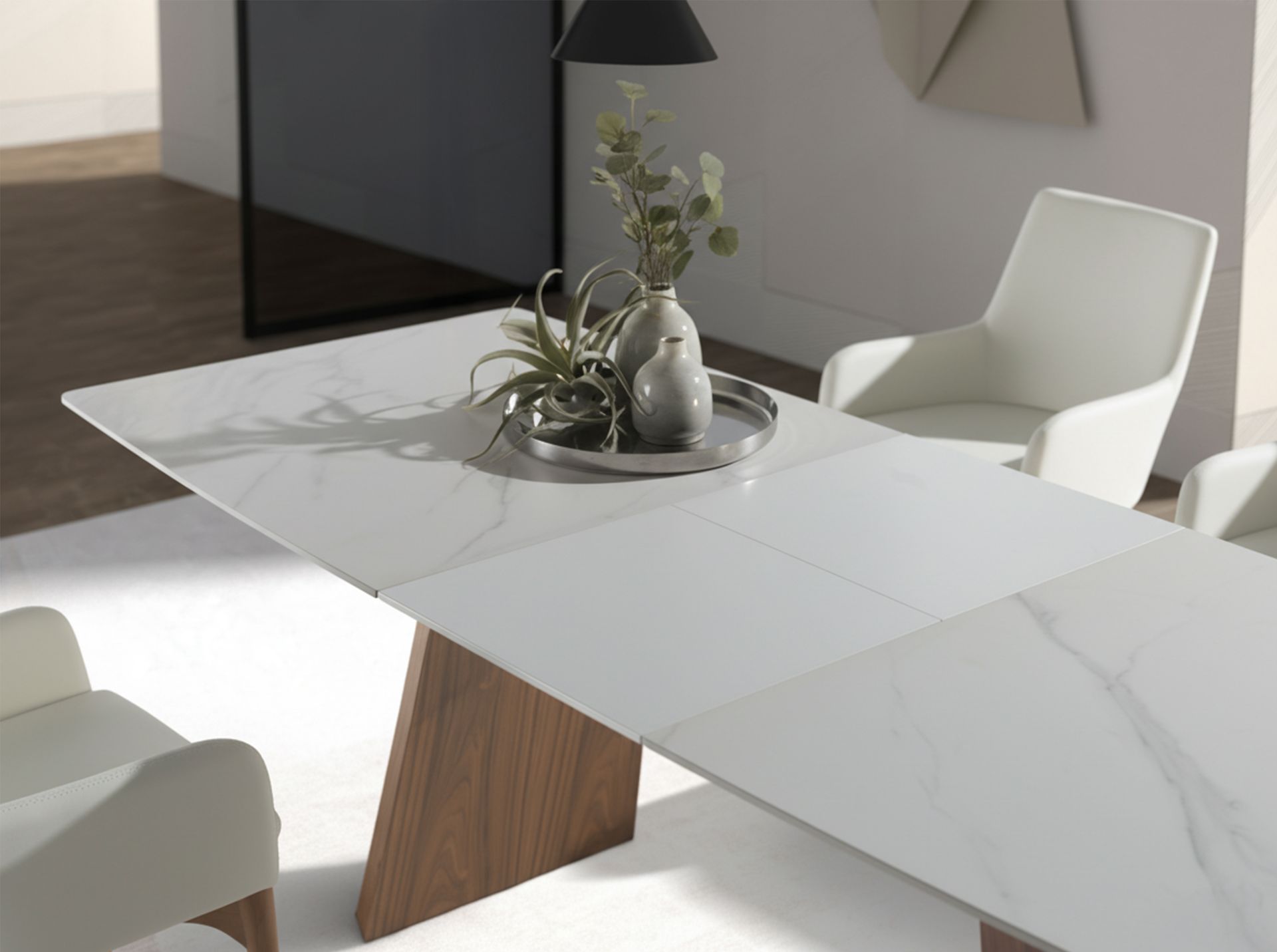 Oval Barrel porcelain marble and walnut extending dining table