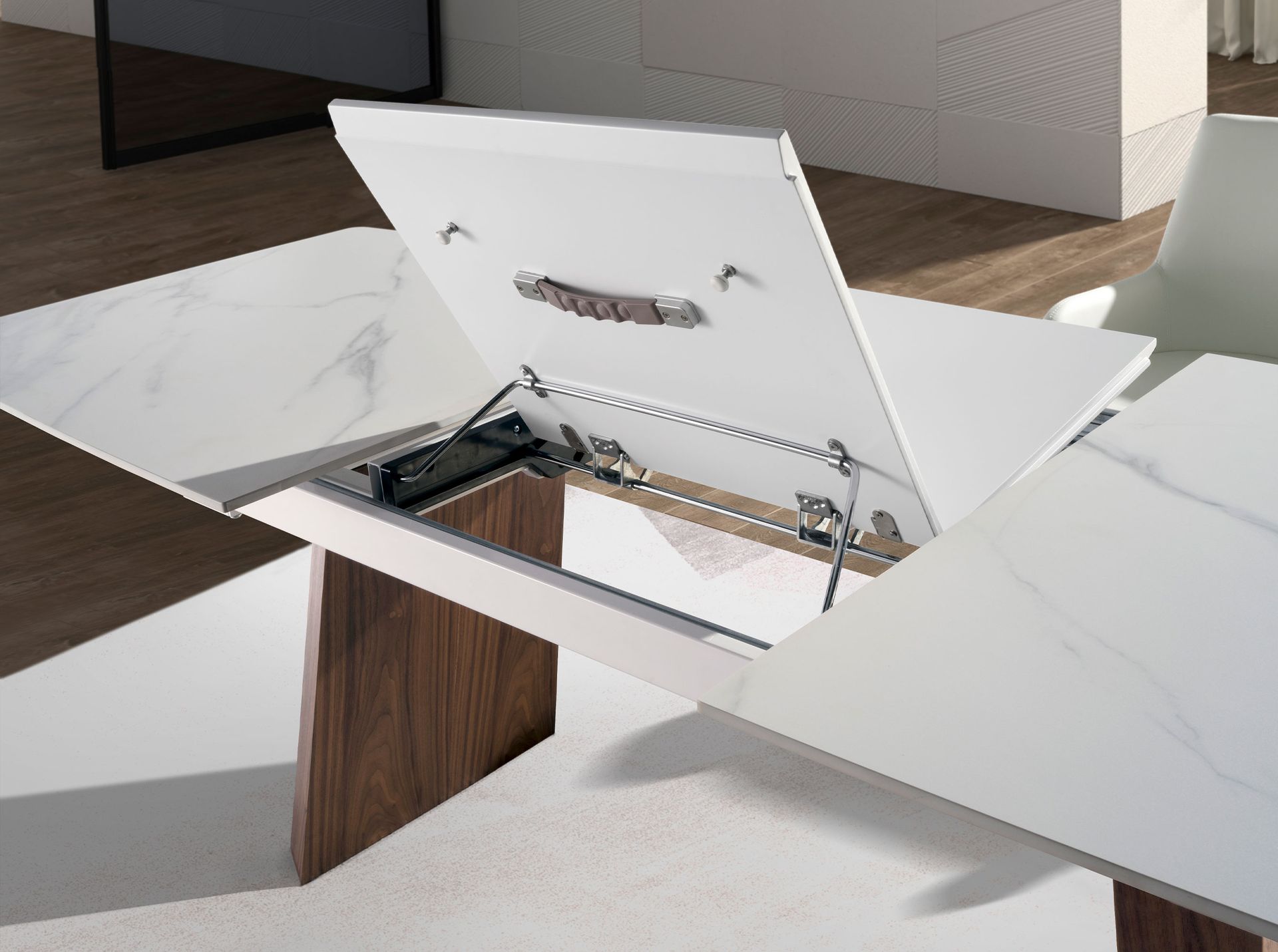Oval Barrel porcelain marble and walnut extending dining table