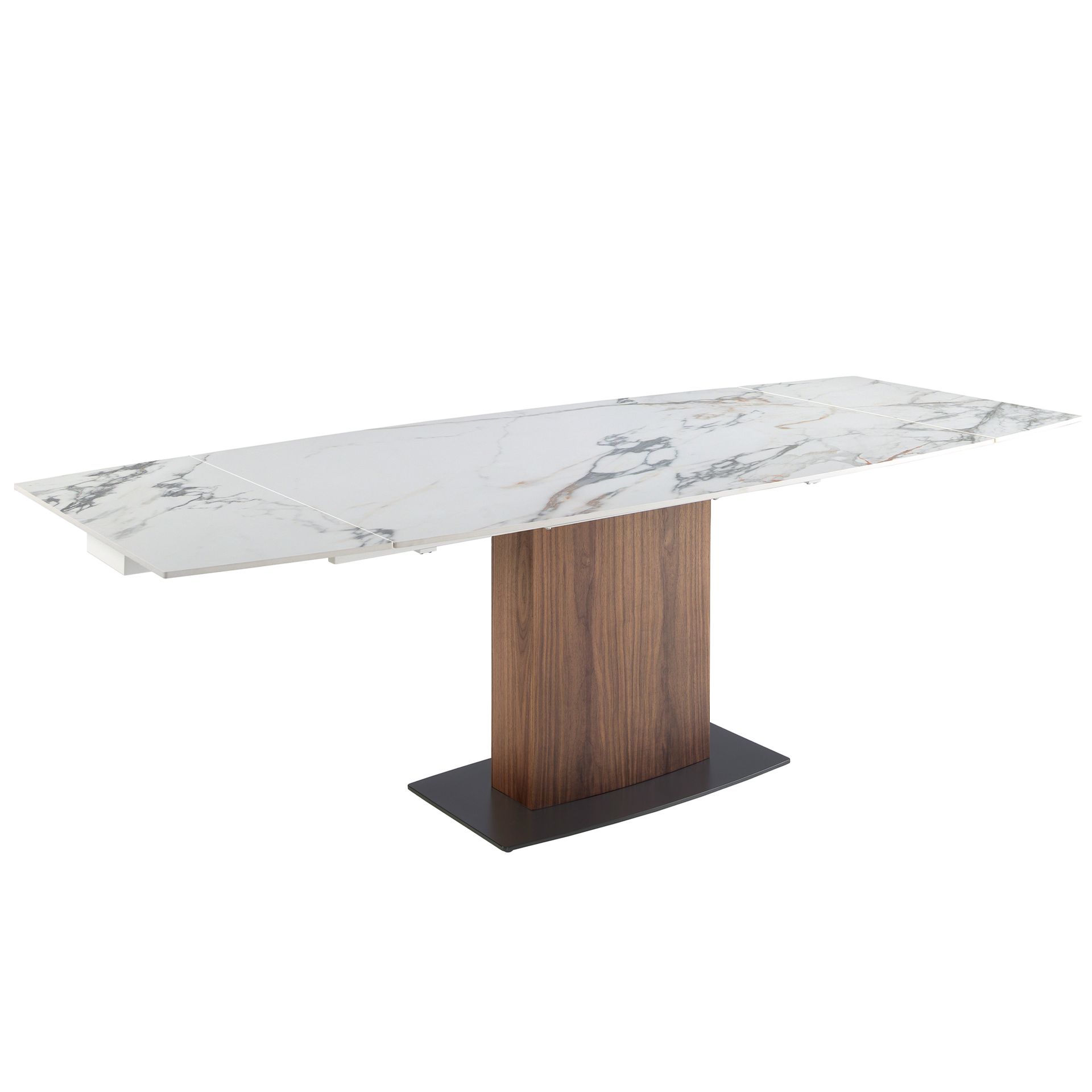 Oval Barrel porcelain marble and walnut extending dining table