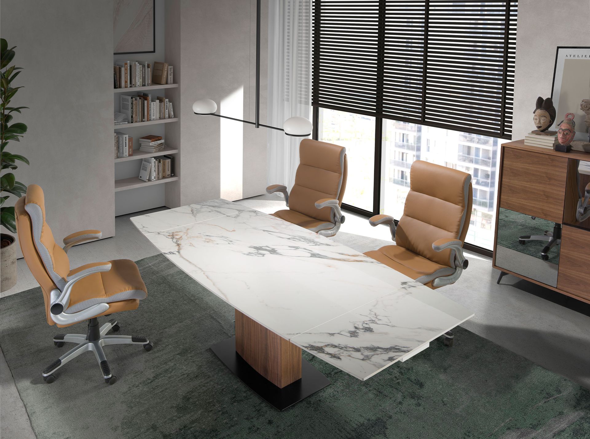Oval Barrel porcelain marble and walnut extending dining table