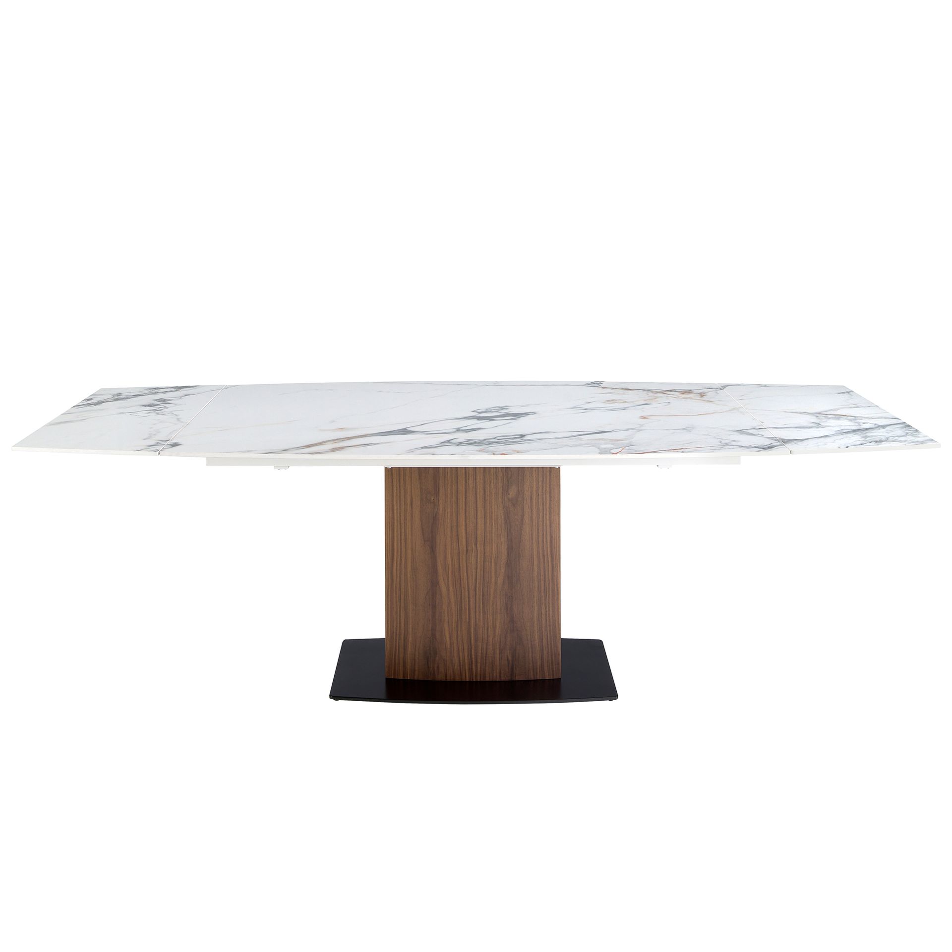 Oval Barrel porcelain marble and walnut extending dining table