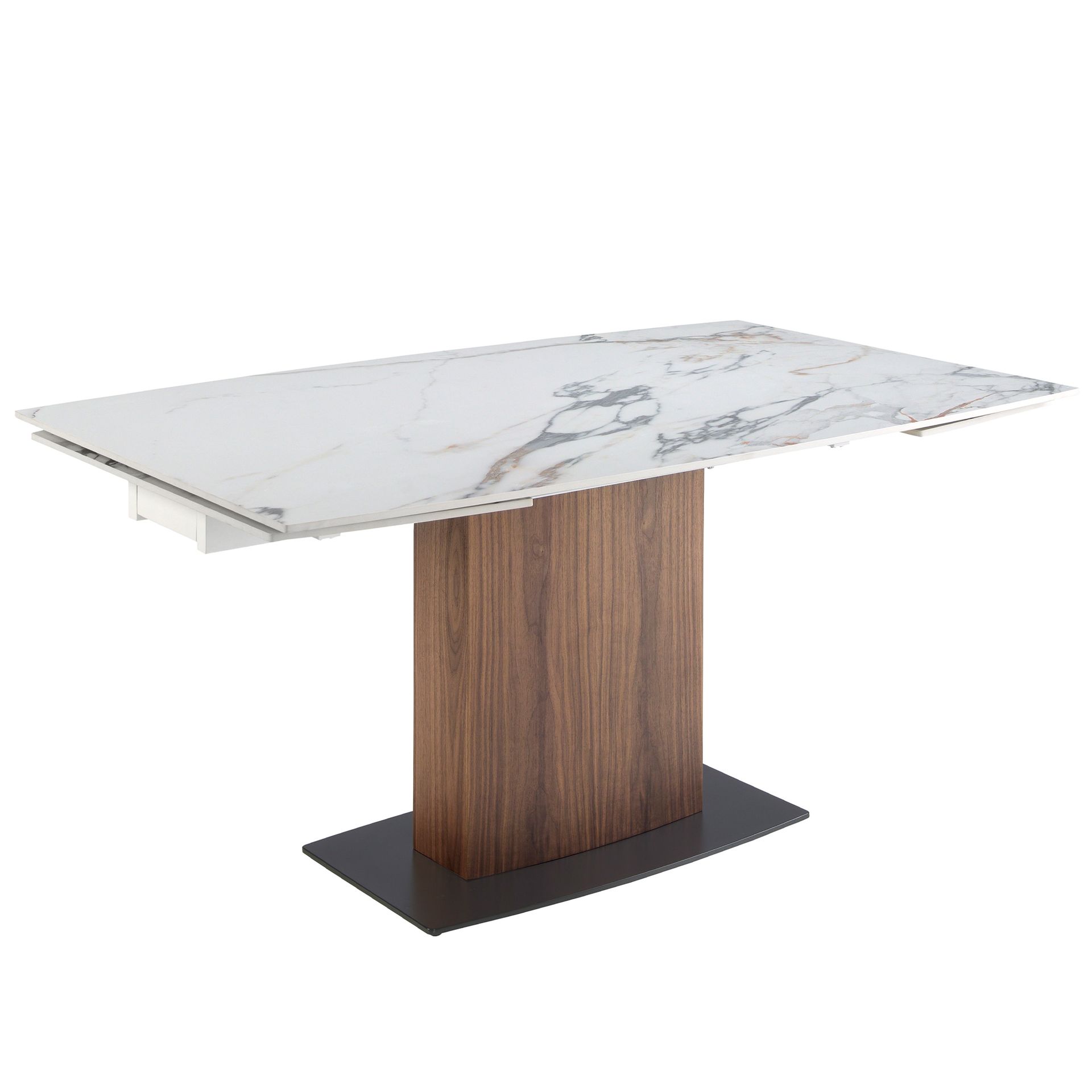 Oval Barrel porcelain marble and walnut extending dining table