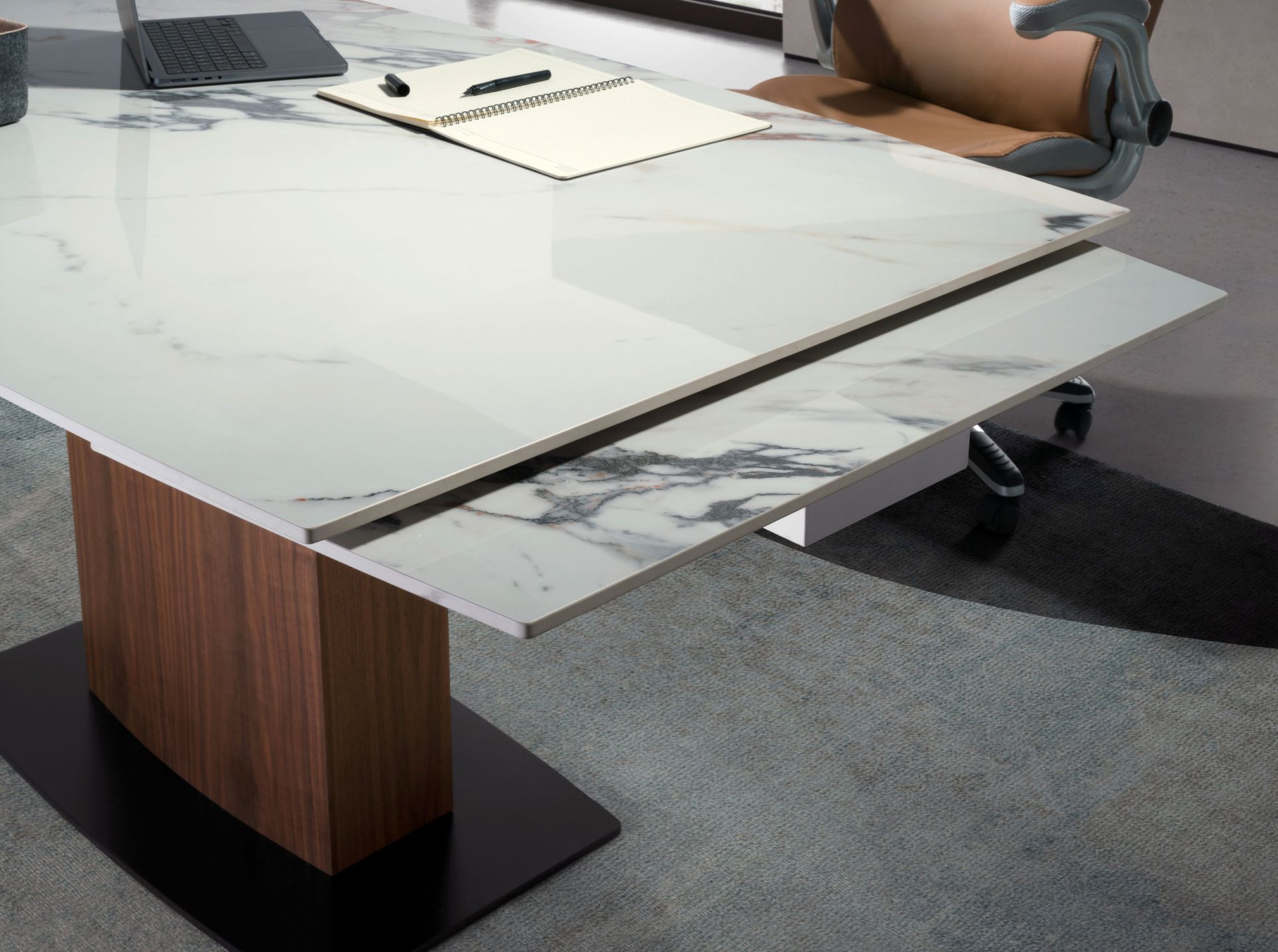 Oval Barrel porcelain marble and walnut extending dining table