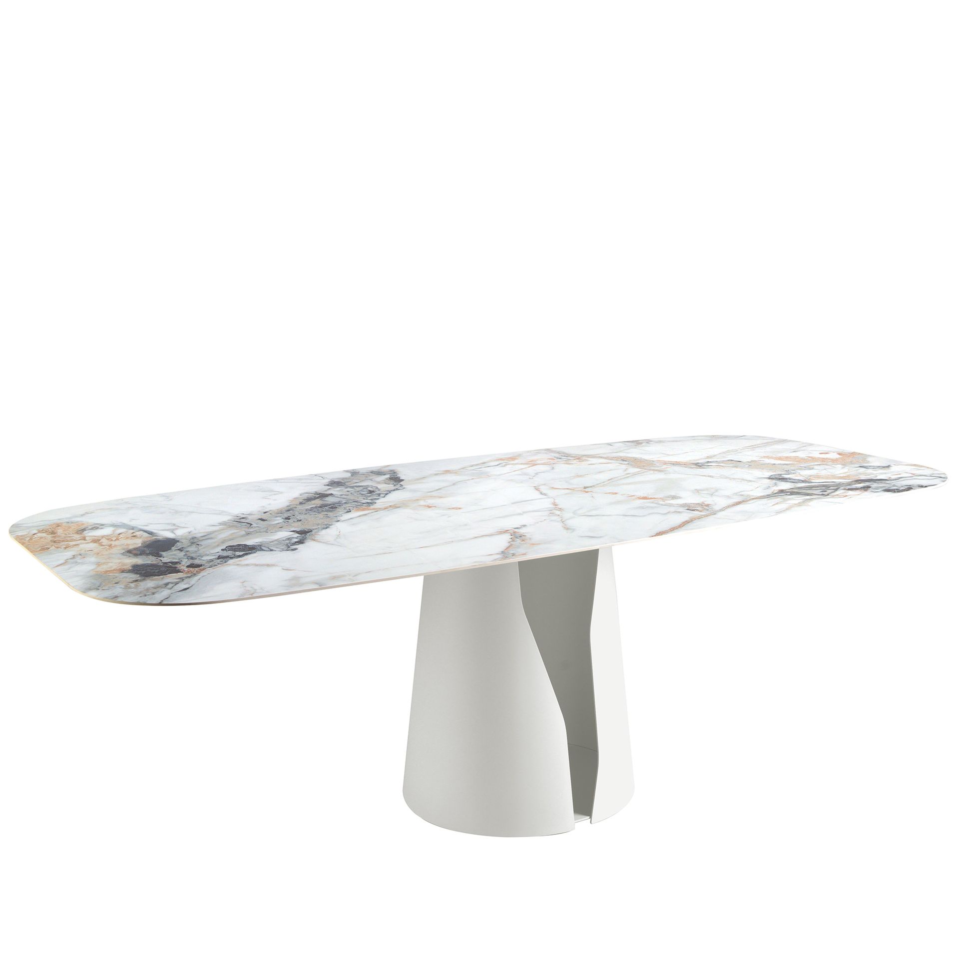 Oval Barrel porcelain marble and white steel dining table