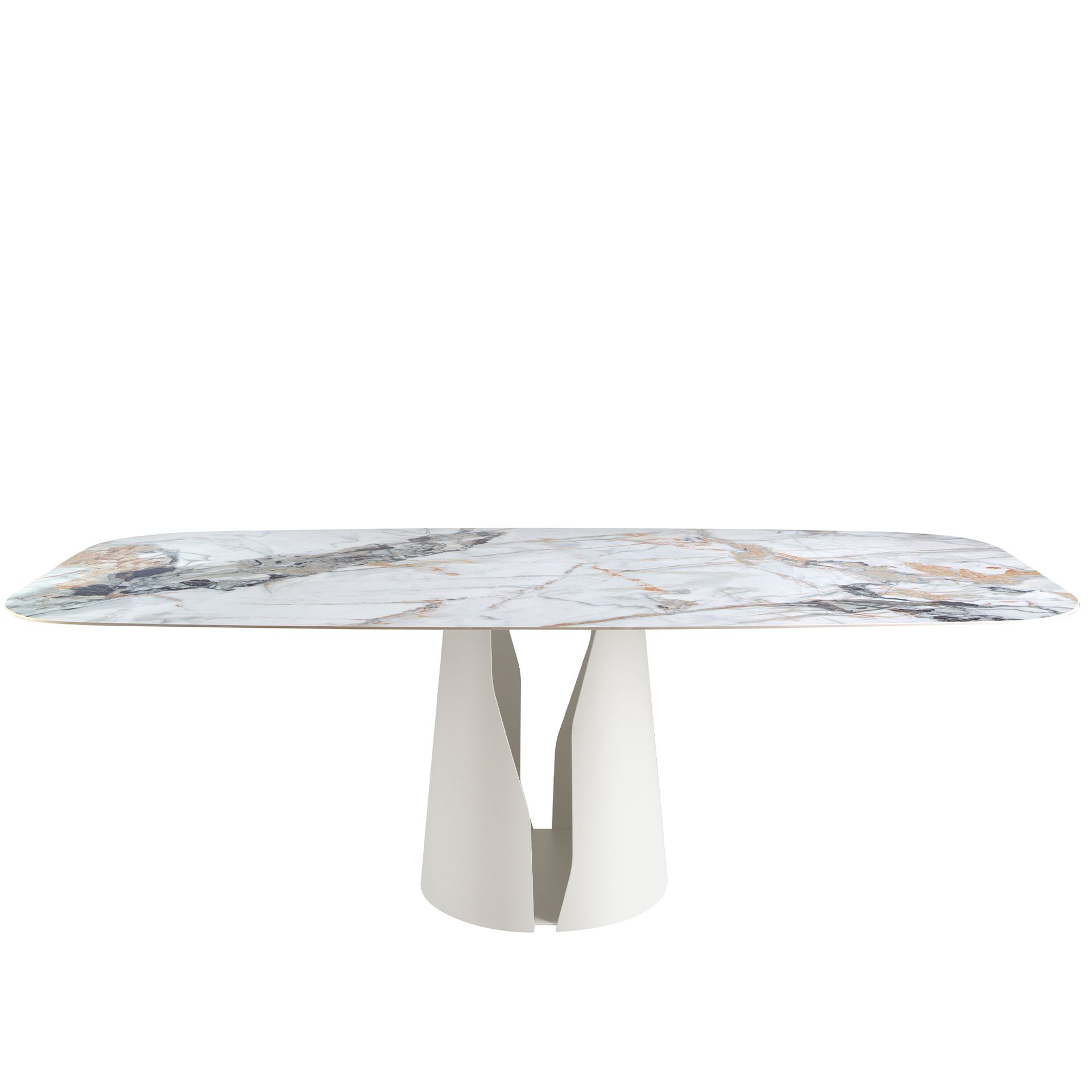 Oval Barrel porcelain marble and white steel dining table