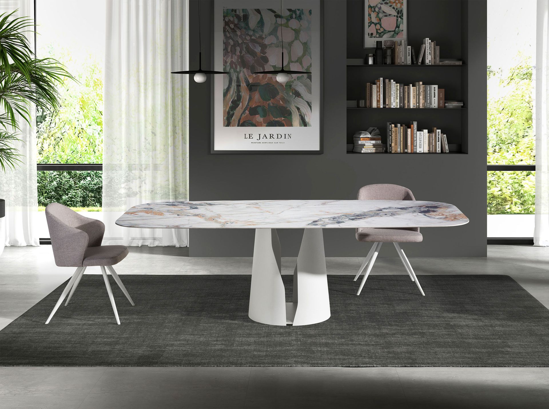 Oval Barrel porcelain marble and white steel dining table