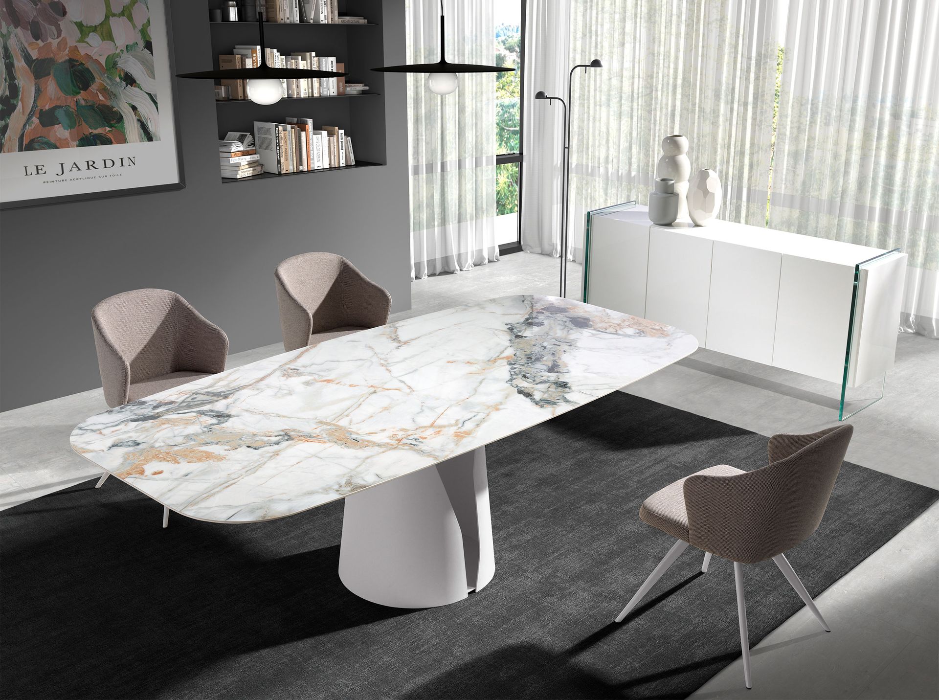 Oval Barrel porcelain marble and white steel dining table