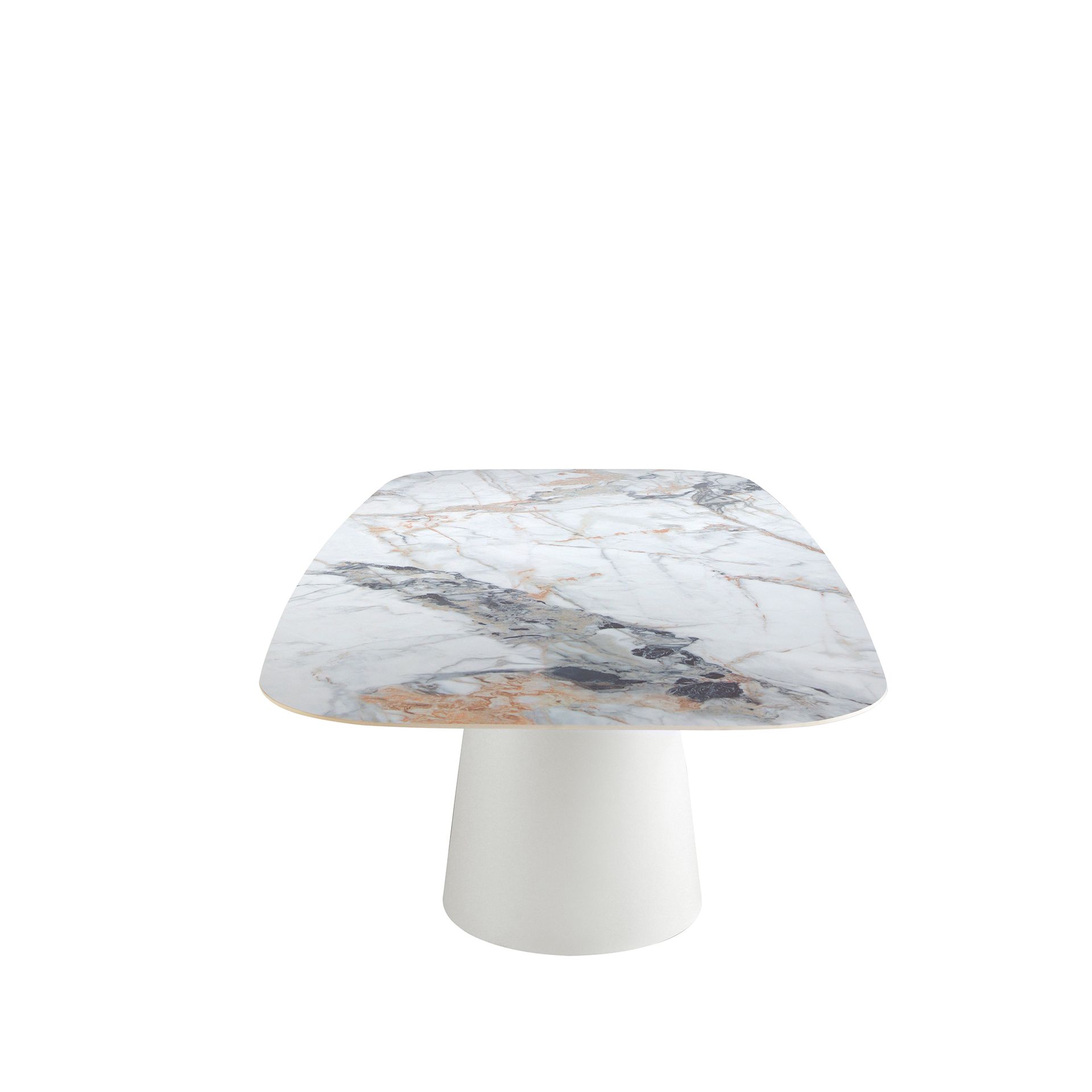 Oval Barrel porcelain marble and white steel dining table