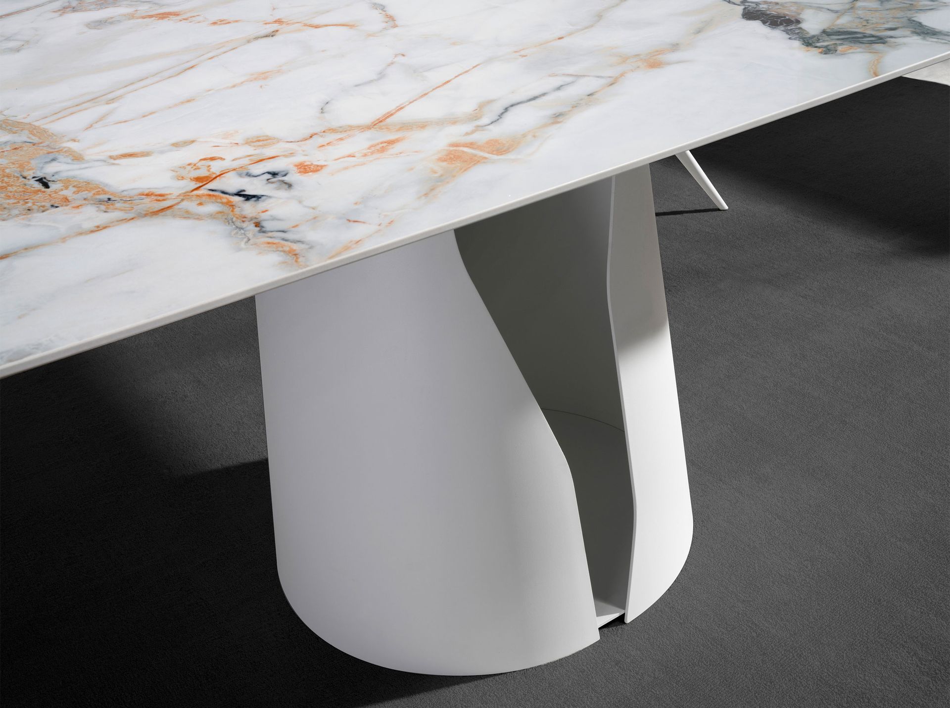 Oval Barrel porcelain marble and white steel dining table