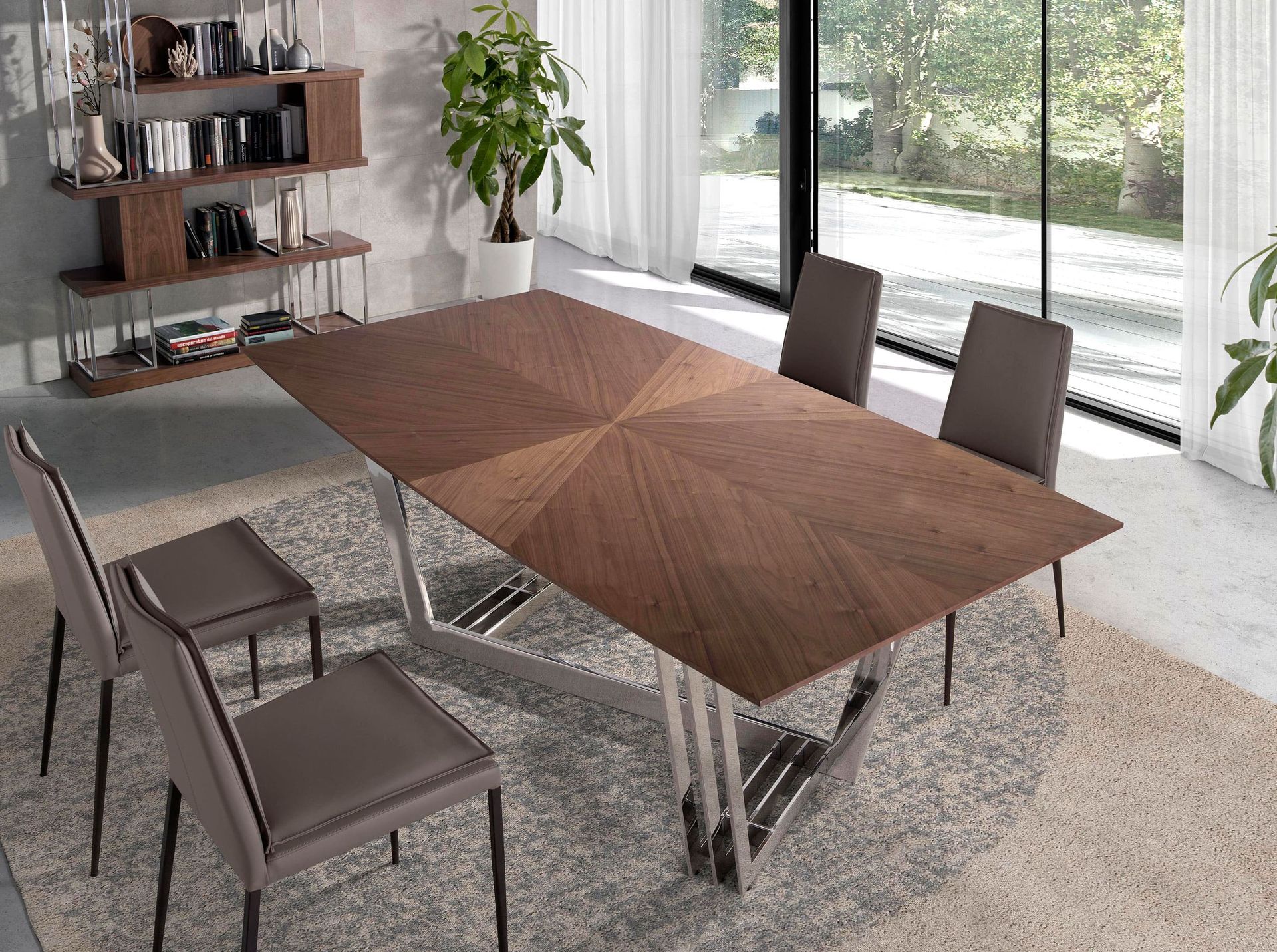 Oval Barrel walnut and chrome-plated steel dining table