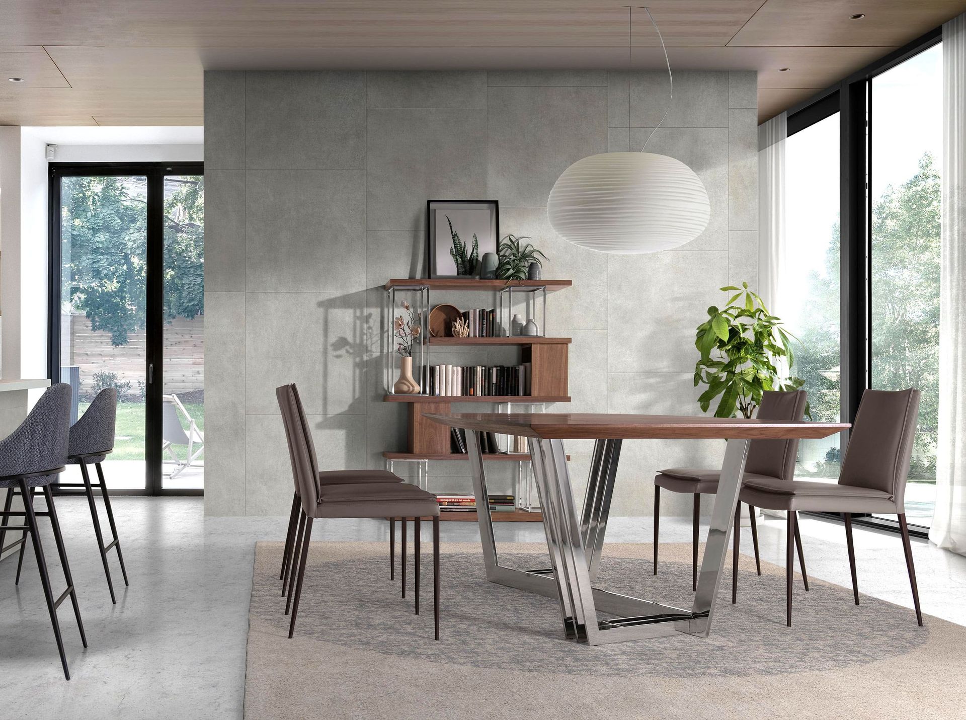 Oval Barrel walnut and chrome-plated steel dining table