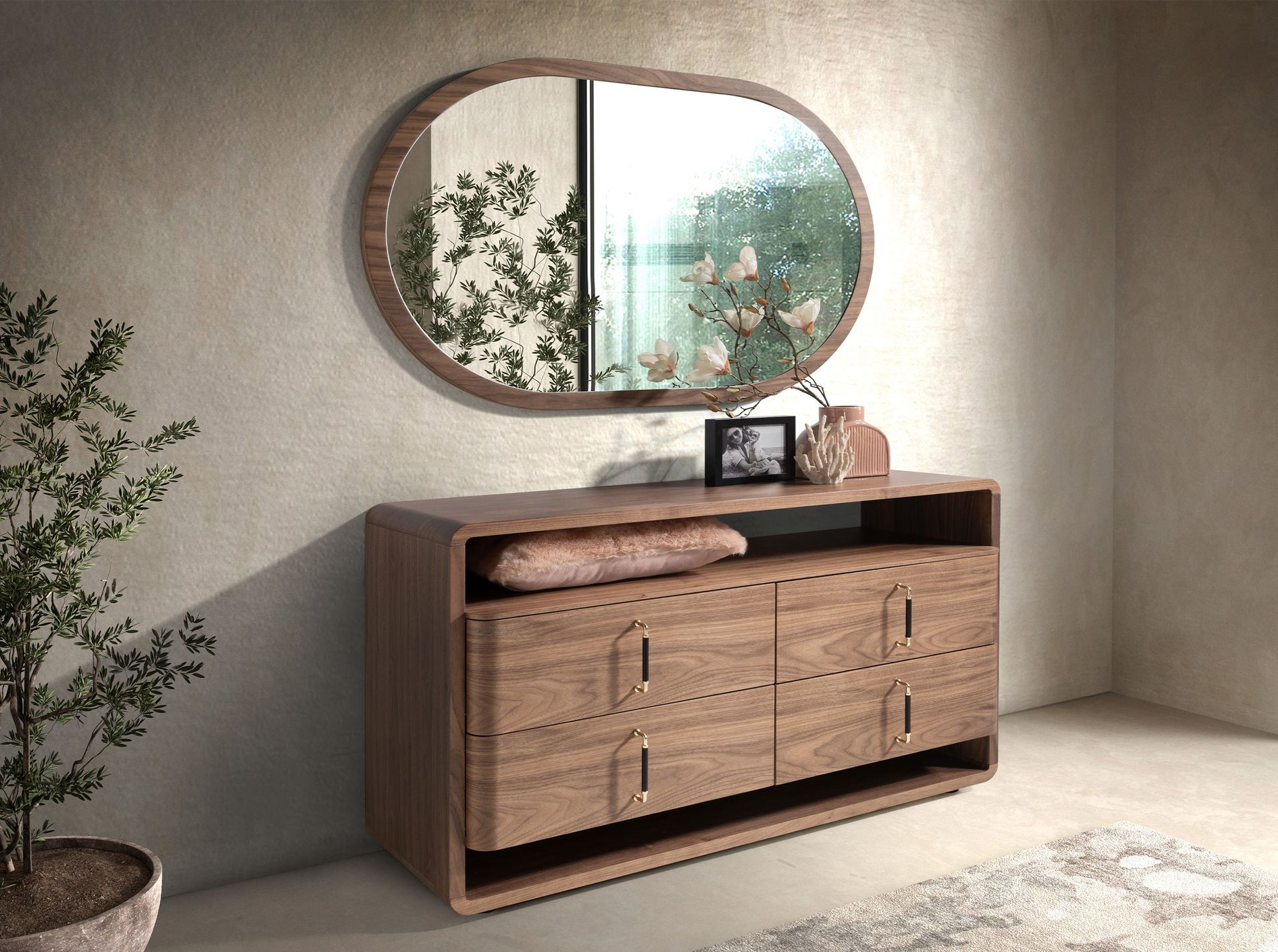 Oval Half Point walnut wall mirror