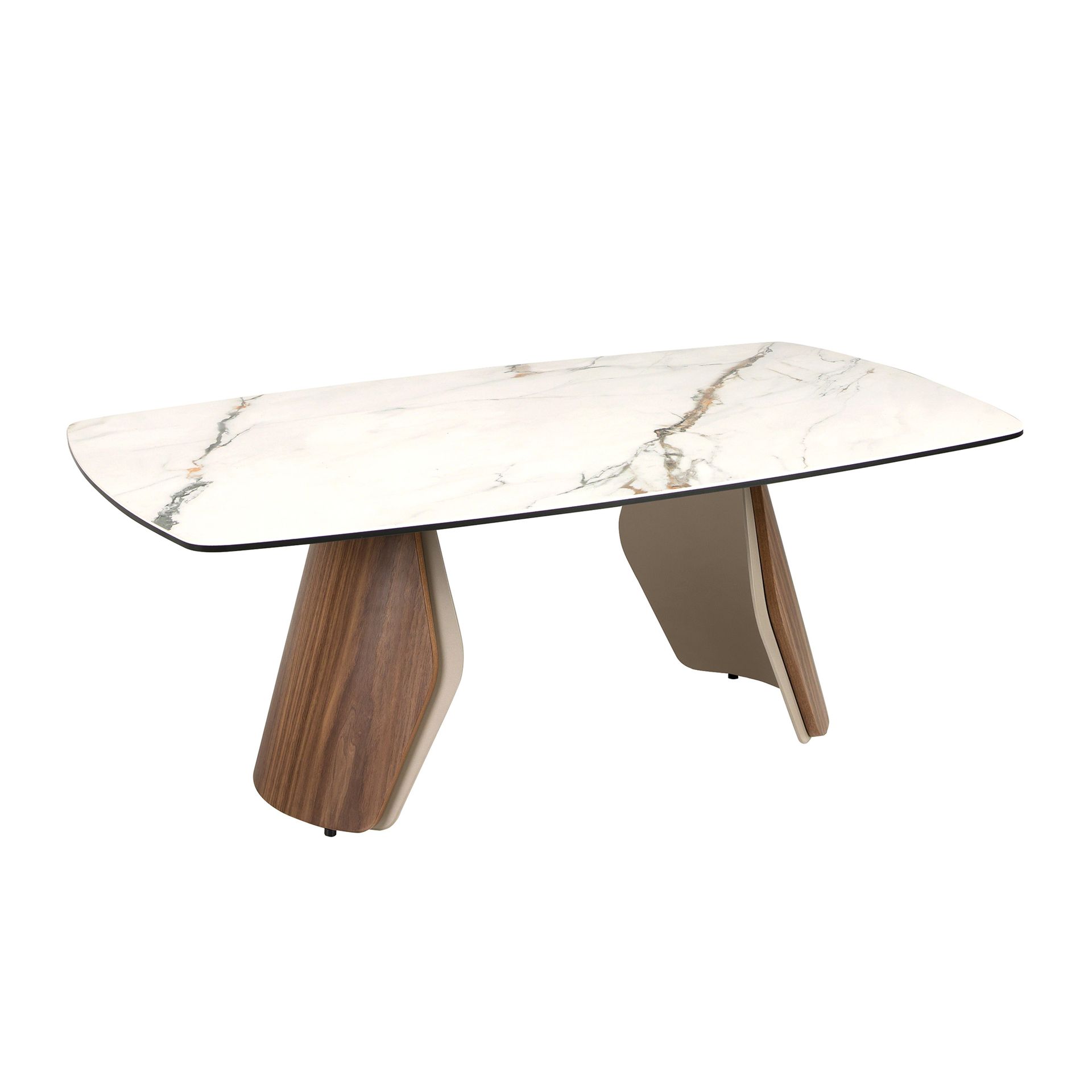 Oval barrel coffee table in porcelain marble, metallic sand steel and walnut