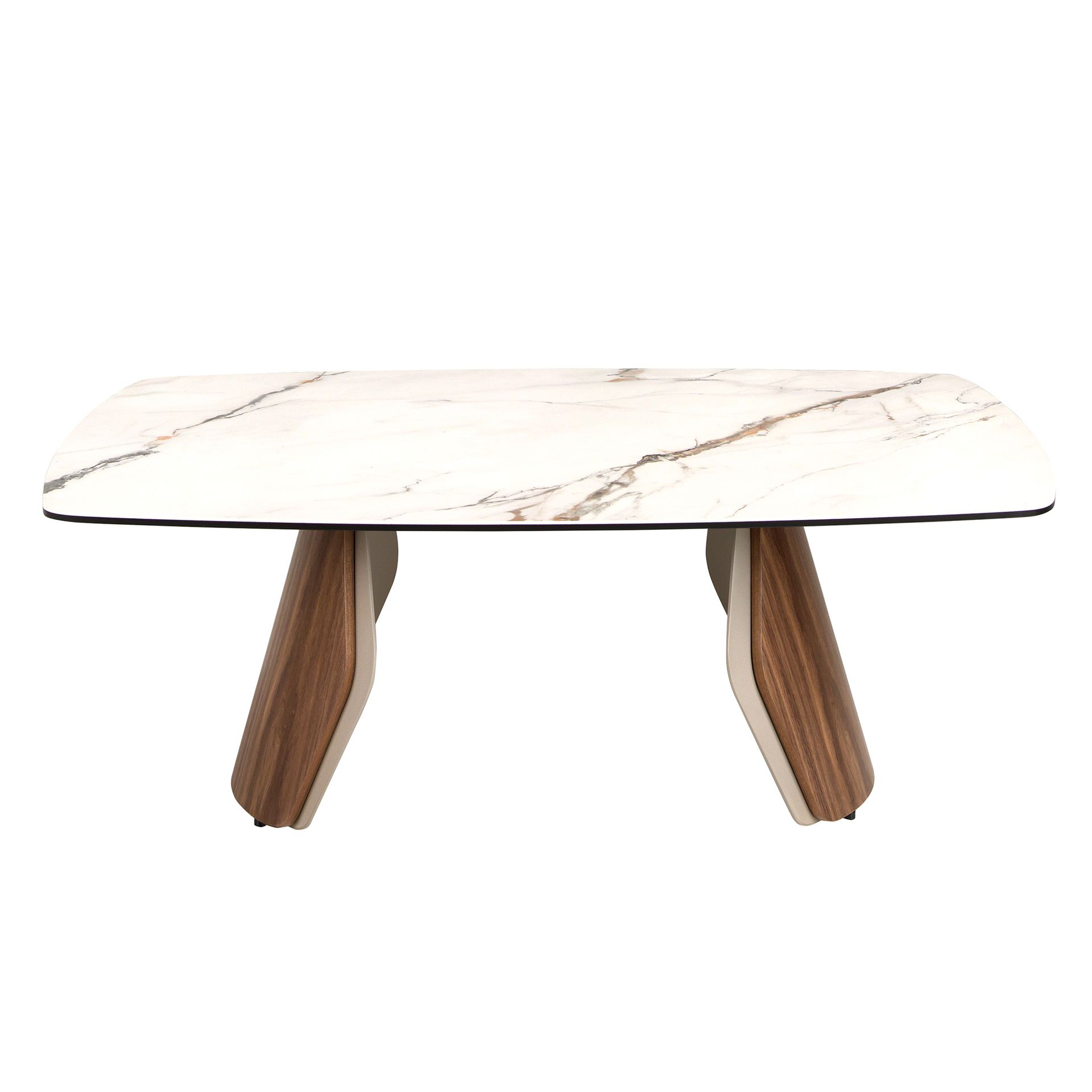Oval barrel coffee table in porcelain marble, metallic sand steel and walnut