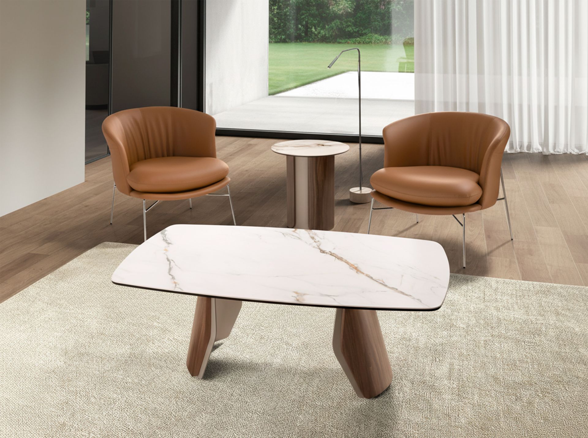 Oval barrel coffee table in porcelain marble, metallic sand steel and walnut