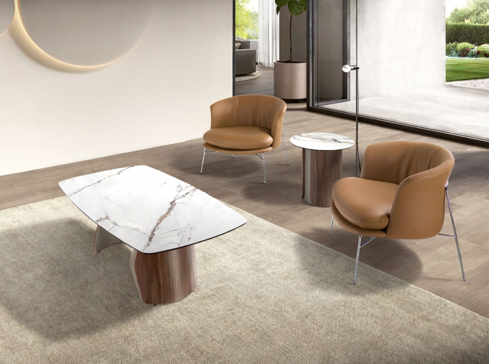 Oval barrel coffee table in porcelain marble, metallic sand steel and walnut