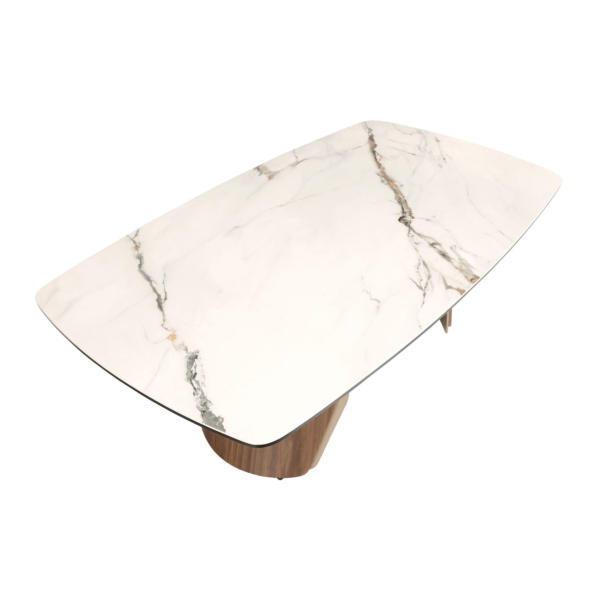 Oval barrel coffee table in porcelain marble, metallic sand steel and walnut