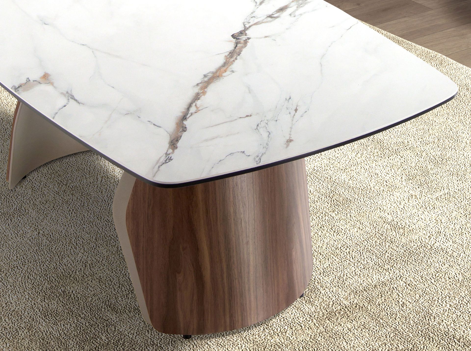 Oval barrel coffee table in porcelain marble, metallic sand steel and walnut