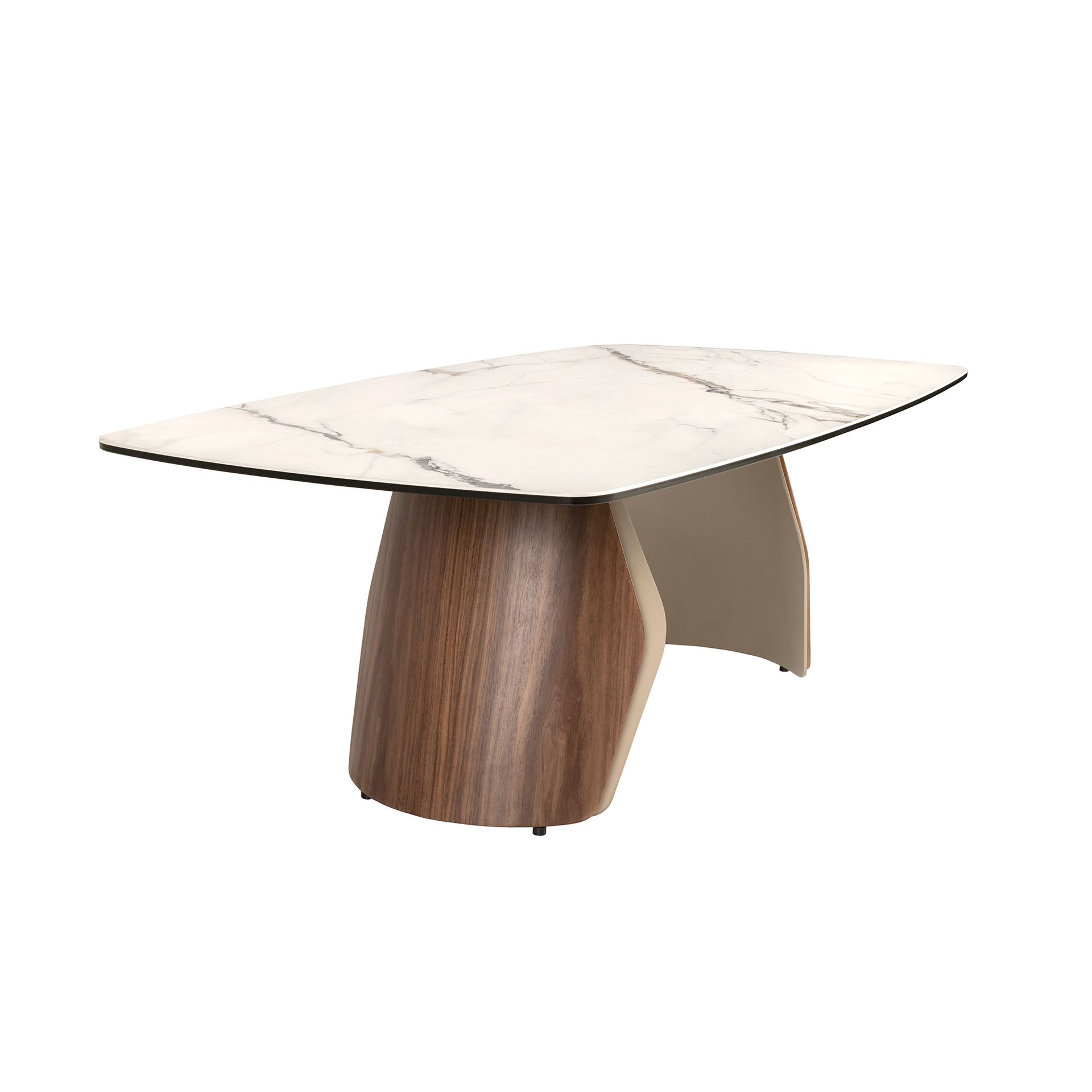 Oval barrel coffee table in porcelain marble, metallic sand steel and walnut
