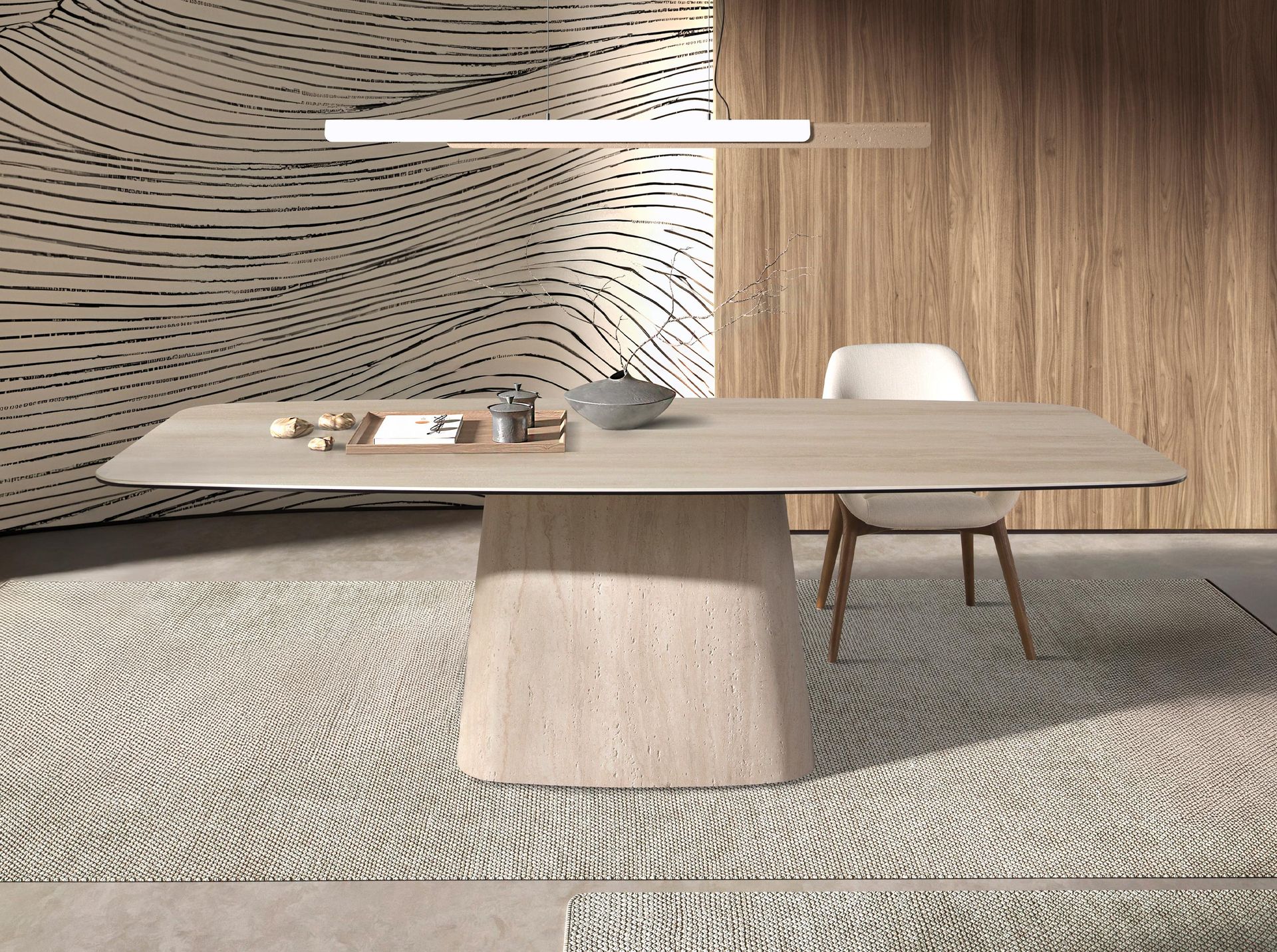 Oval barrel dining table in porcelain marble