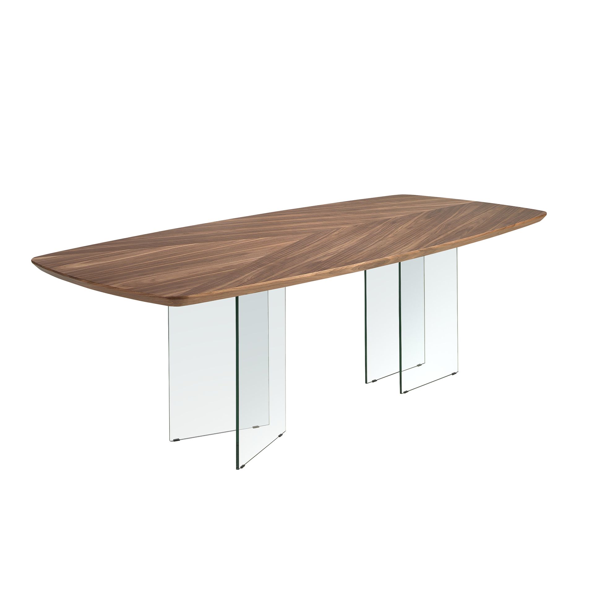 Oval barrel dining table in walnut and tempered glass