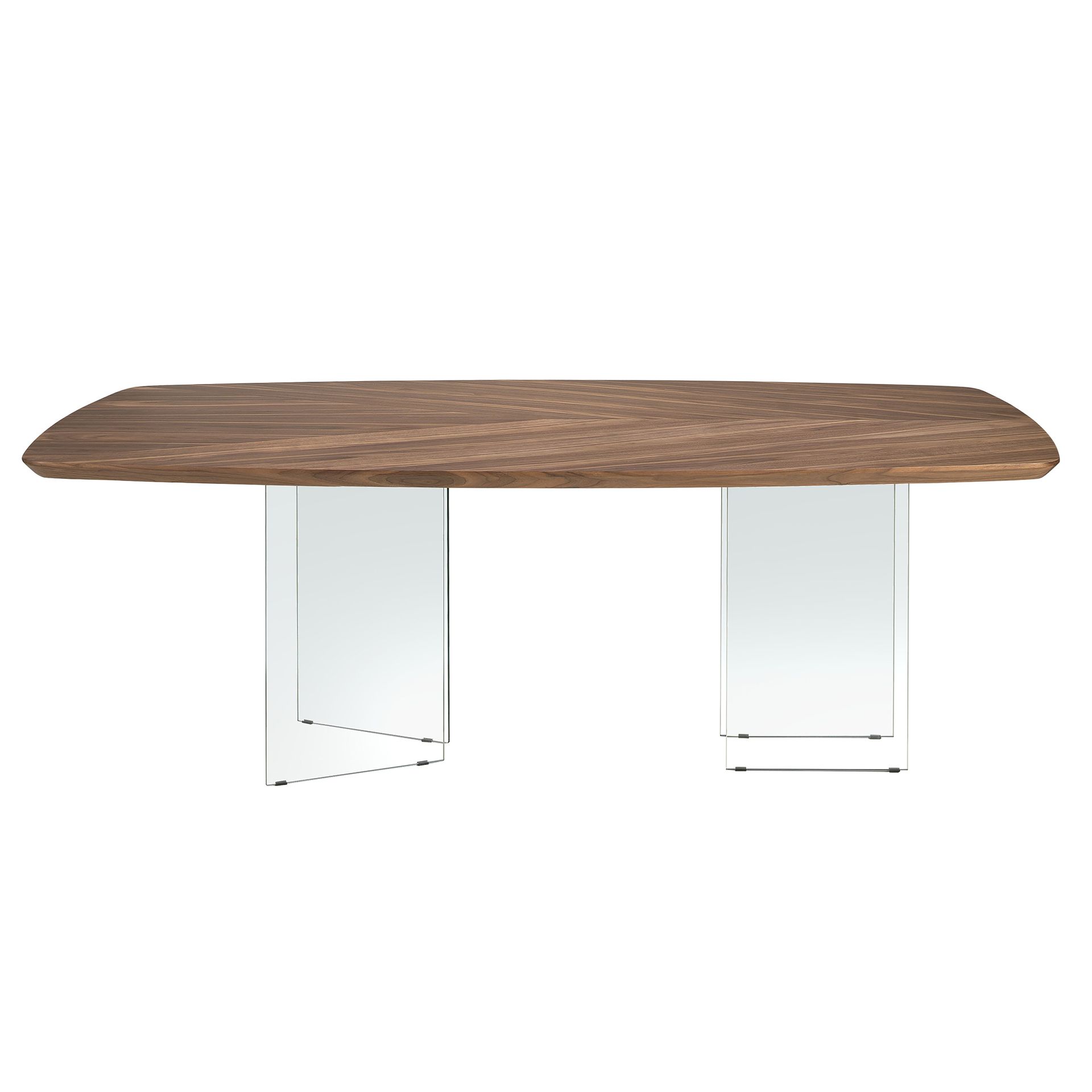 Oval barrel dining table in walnut and tempered glass