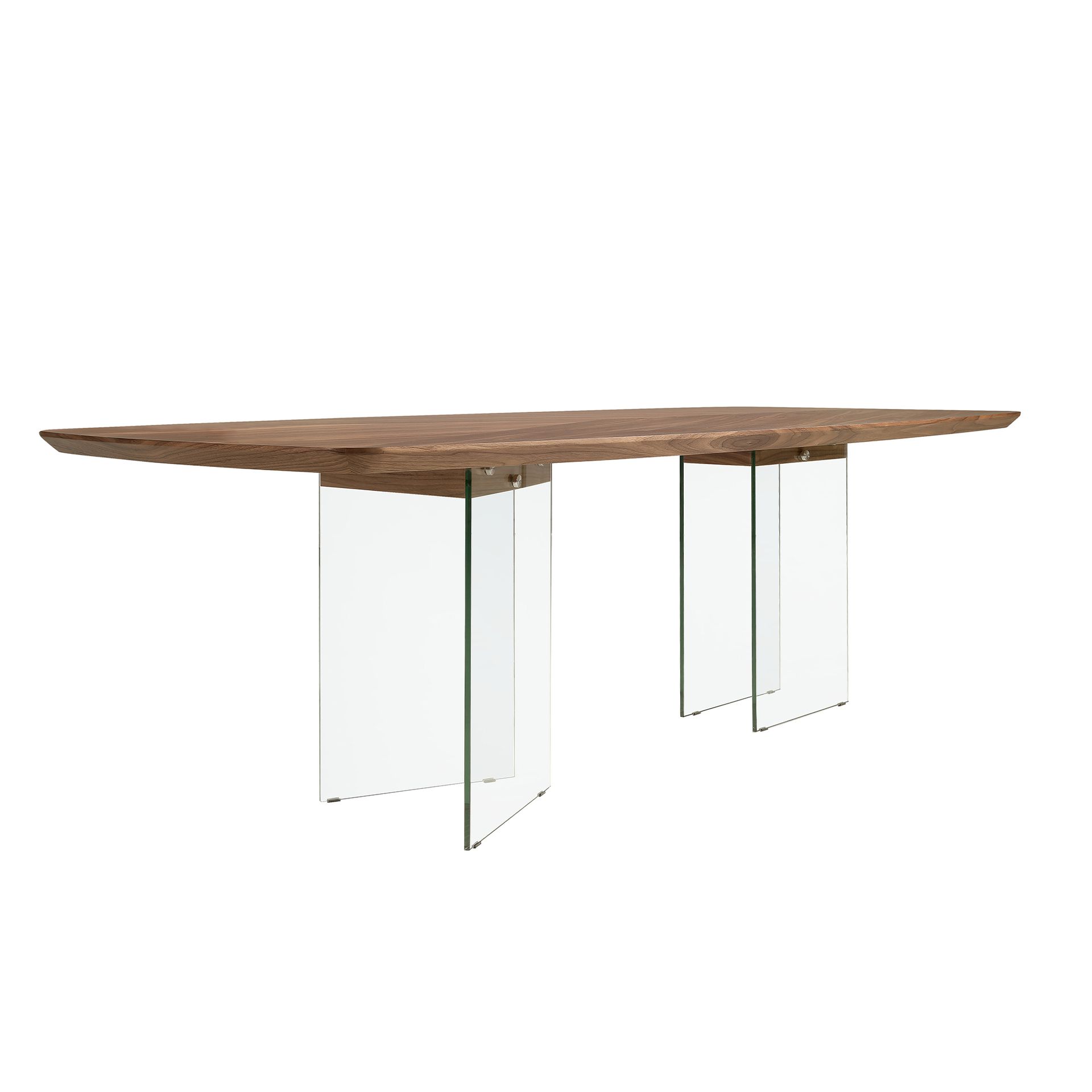 Oval barrel dining table in walnut and tempered glass