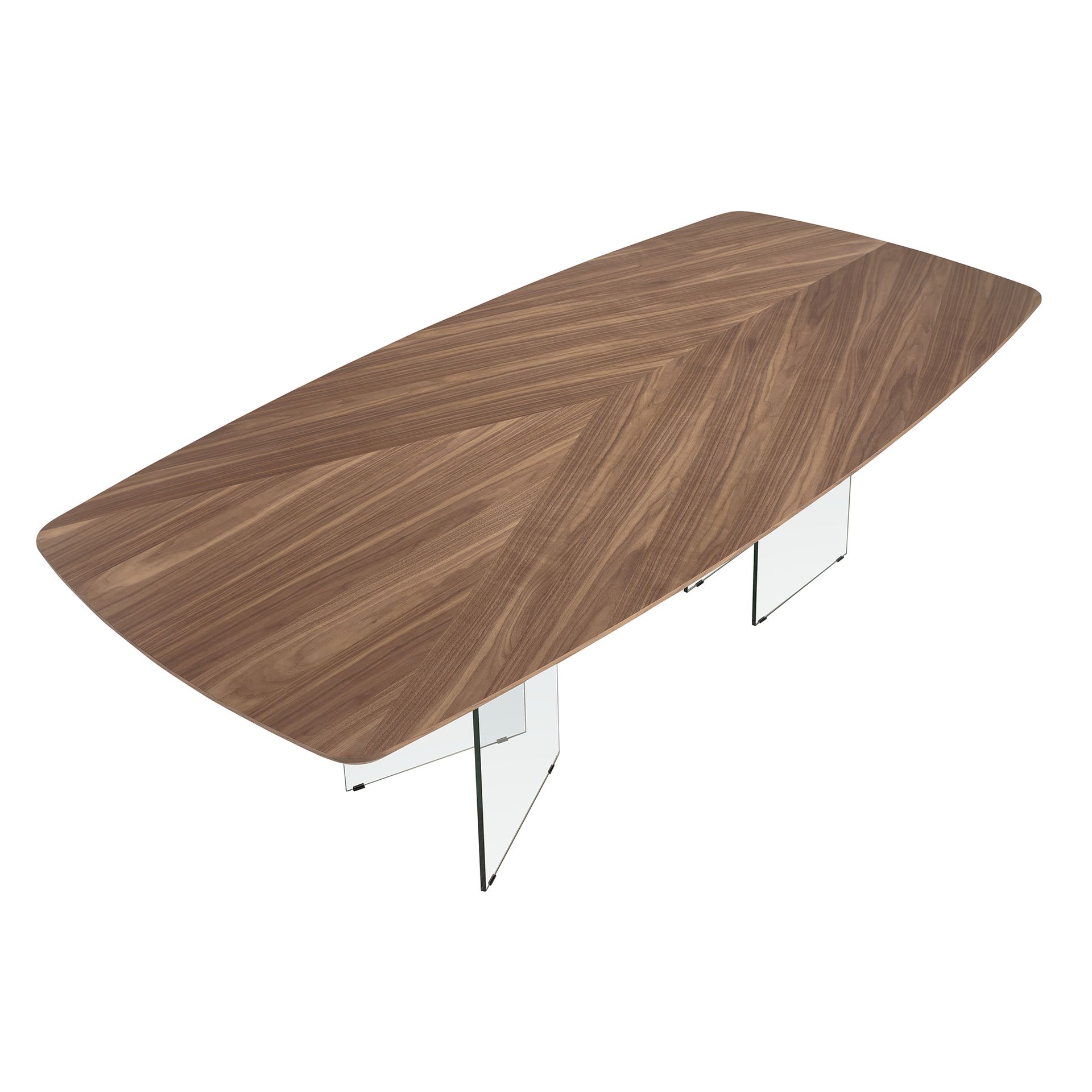 Oval barrel dining table in walnut and tempered glass
