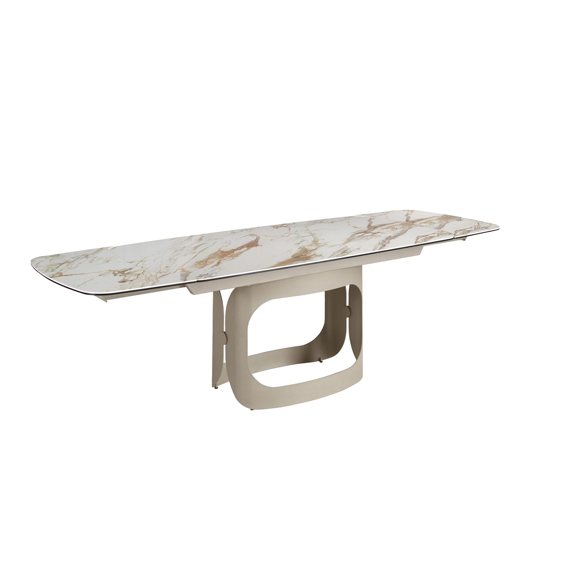 Oval barrel-shaped extendable dining table with porcelain marble and metallic sand steel