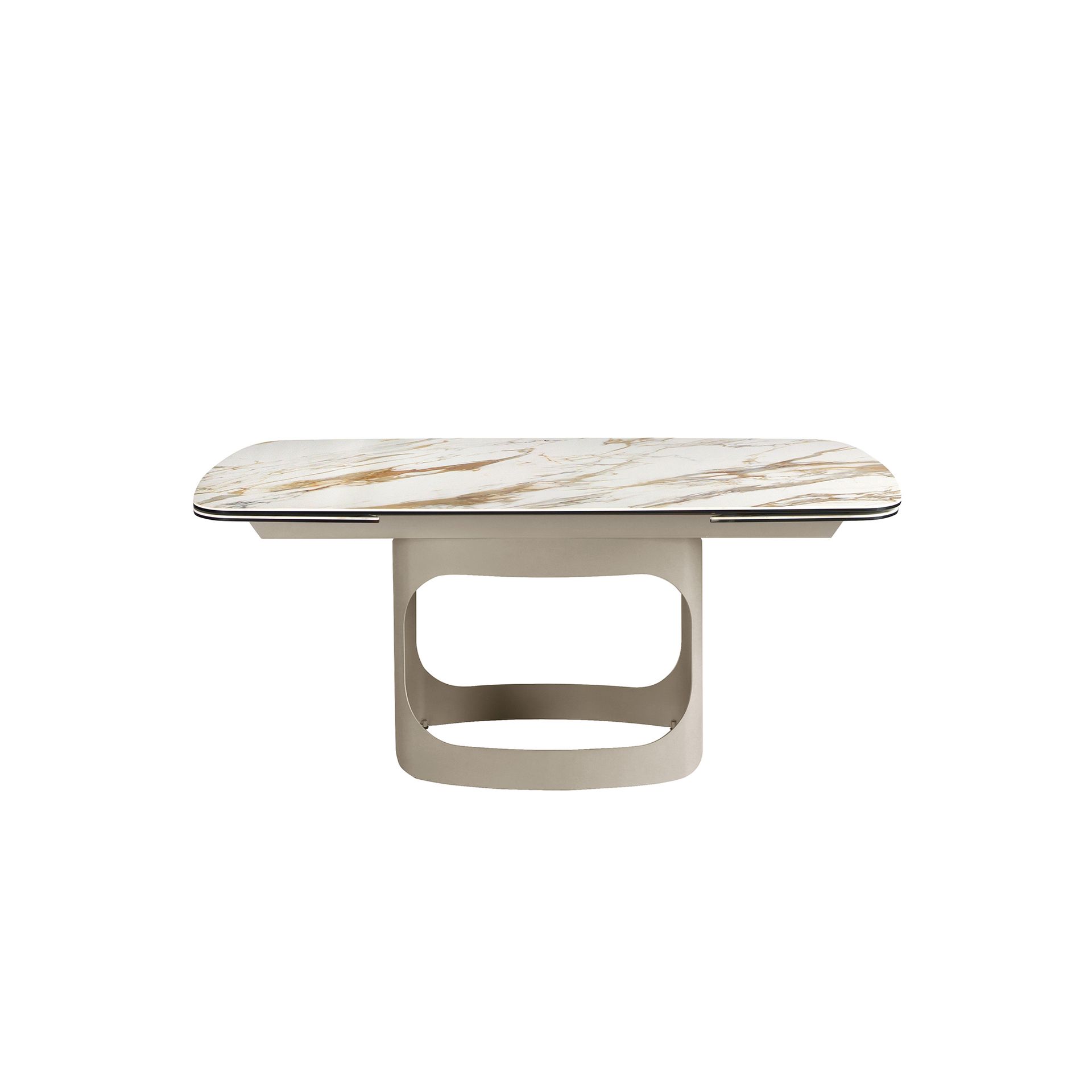 Oval barrel-shaped extendable dining table with porcelain marble and metallic sand steel
