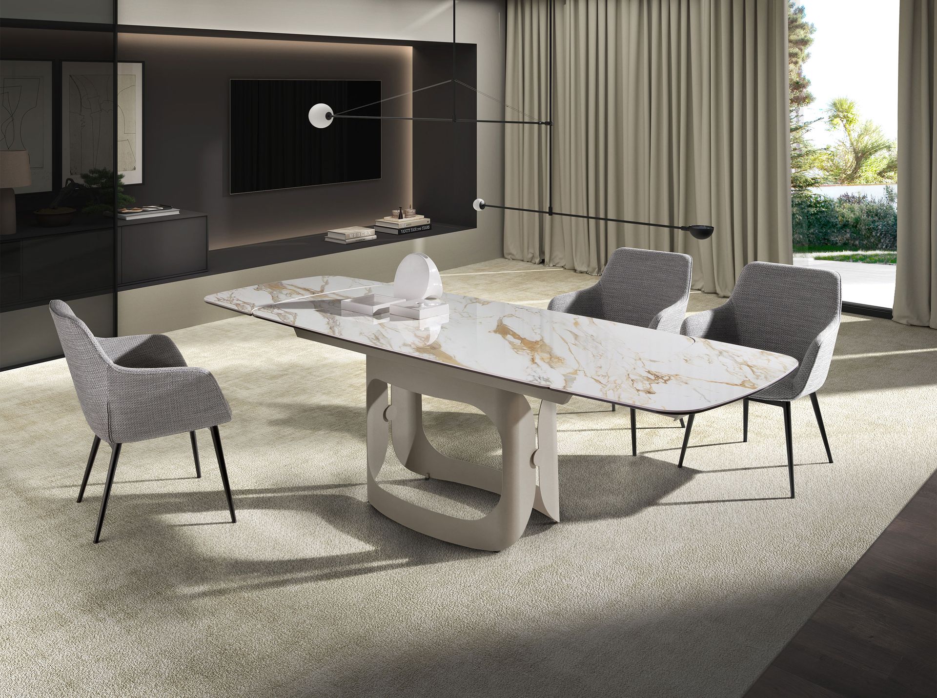 Oval barrel-shaped extendable dining table with porcelain marble and metallic sand steel