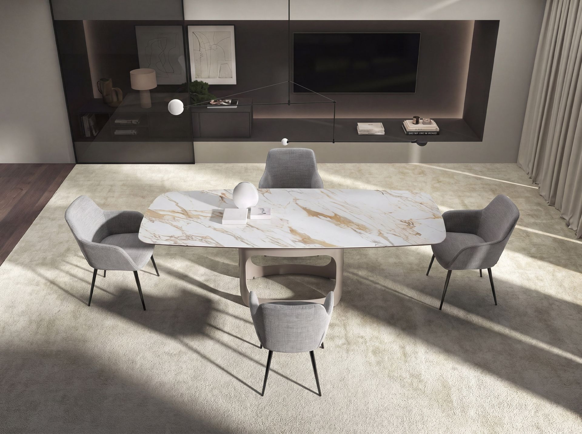 Oval barrel-shaped extendable dining table with porcelain marble and metallic sand steel