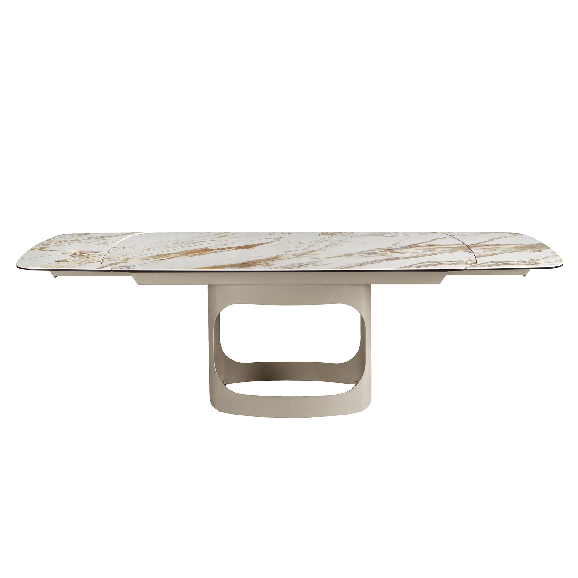 Oval barrel-shaped extendable dining table with porcelain marble and metallic sand steel