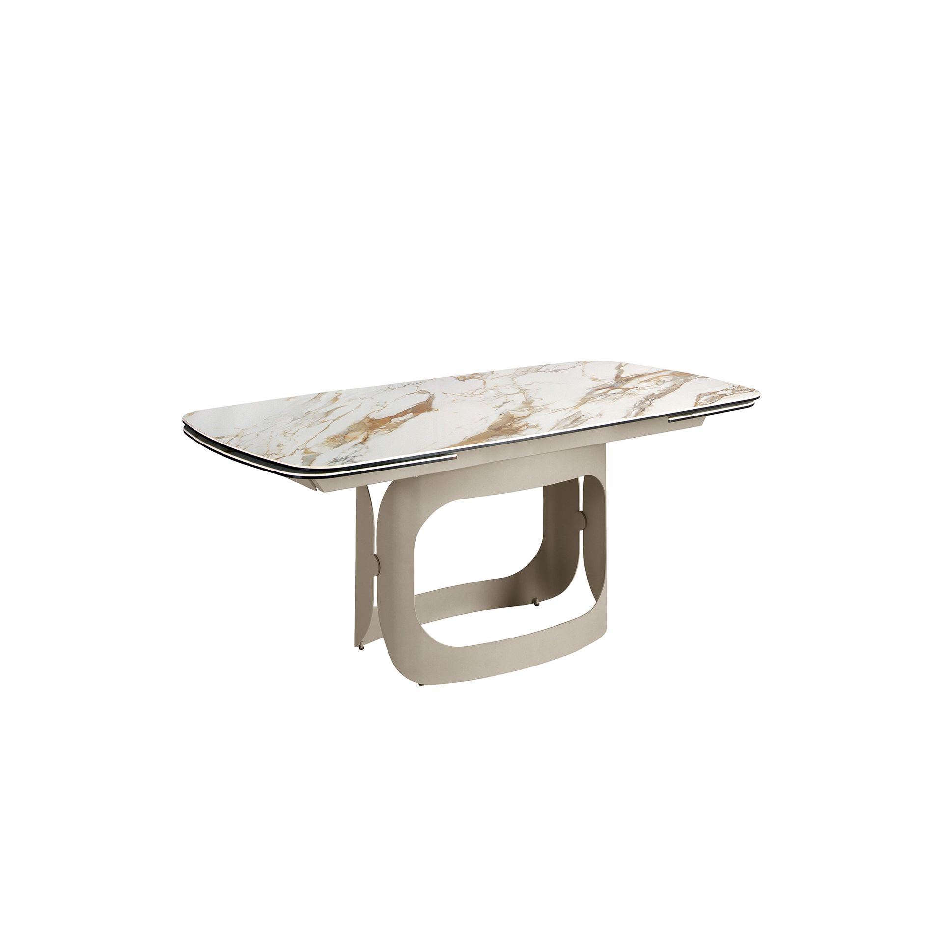 Oval barrel-shaped extendable dining table with porcelain marble and metallic sand steel
