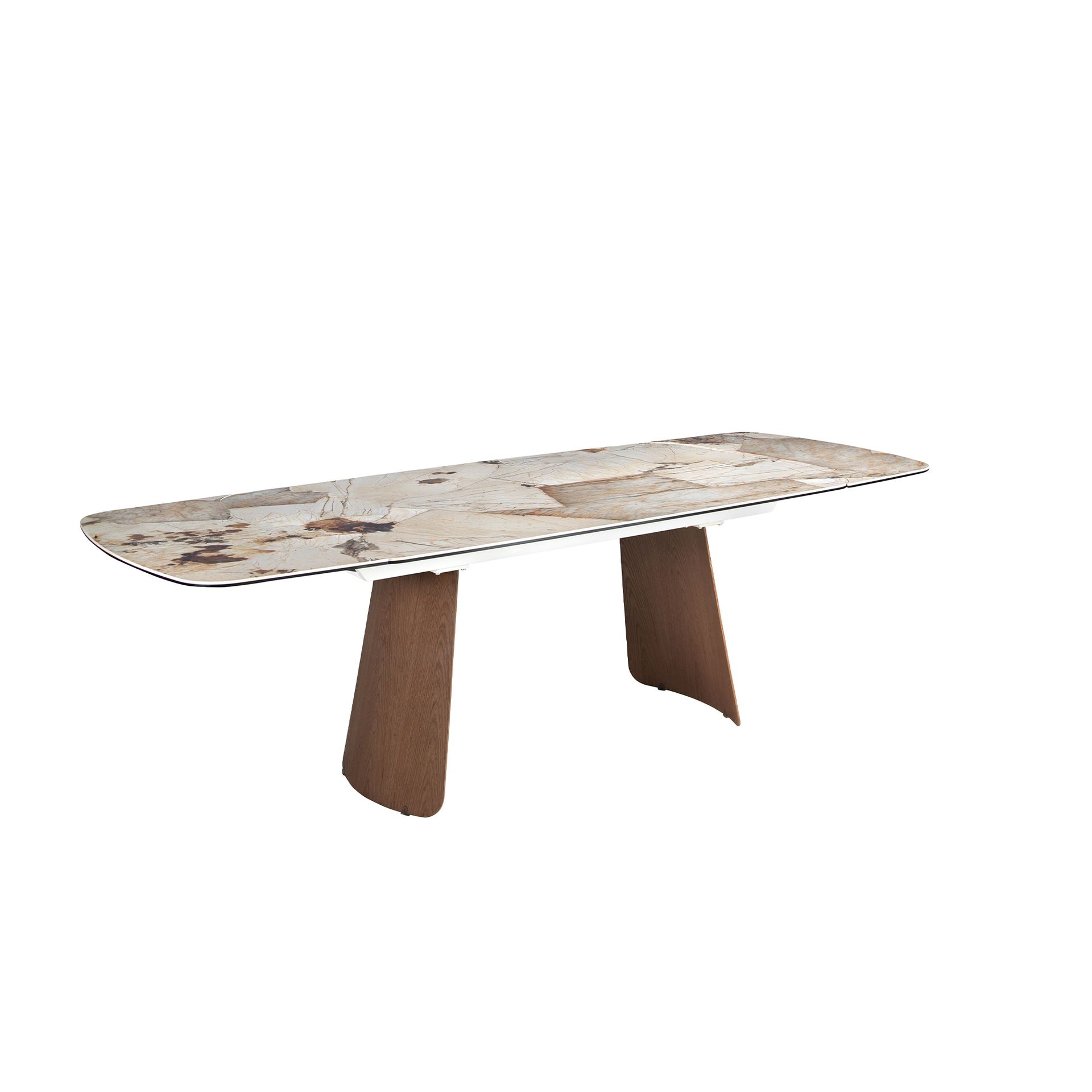 Oval barrel-shaped extendable dining table with porcelain marble and walnut