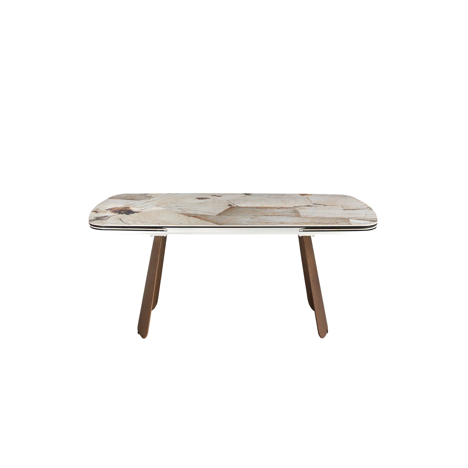Oval barrel-shaped extendable dining table with porcelain marble and walnut