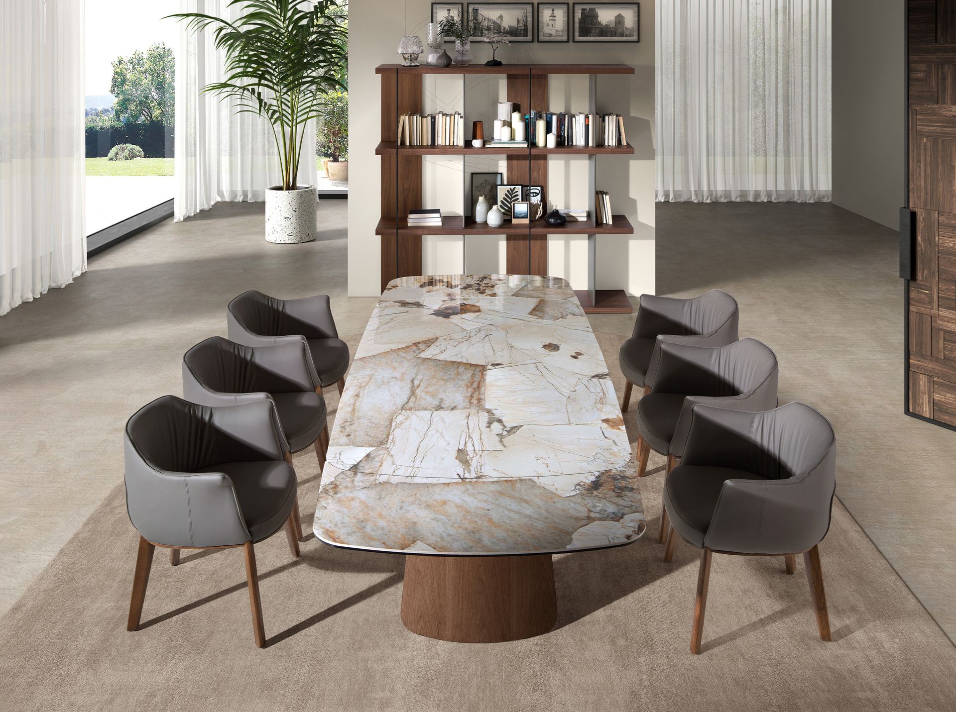 Oval barrel-shaped extendable dining table with porcelain marble and walnut
